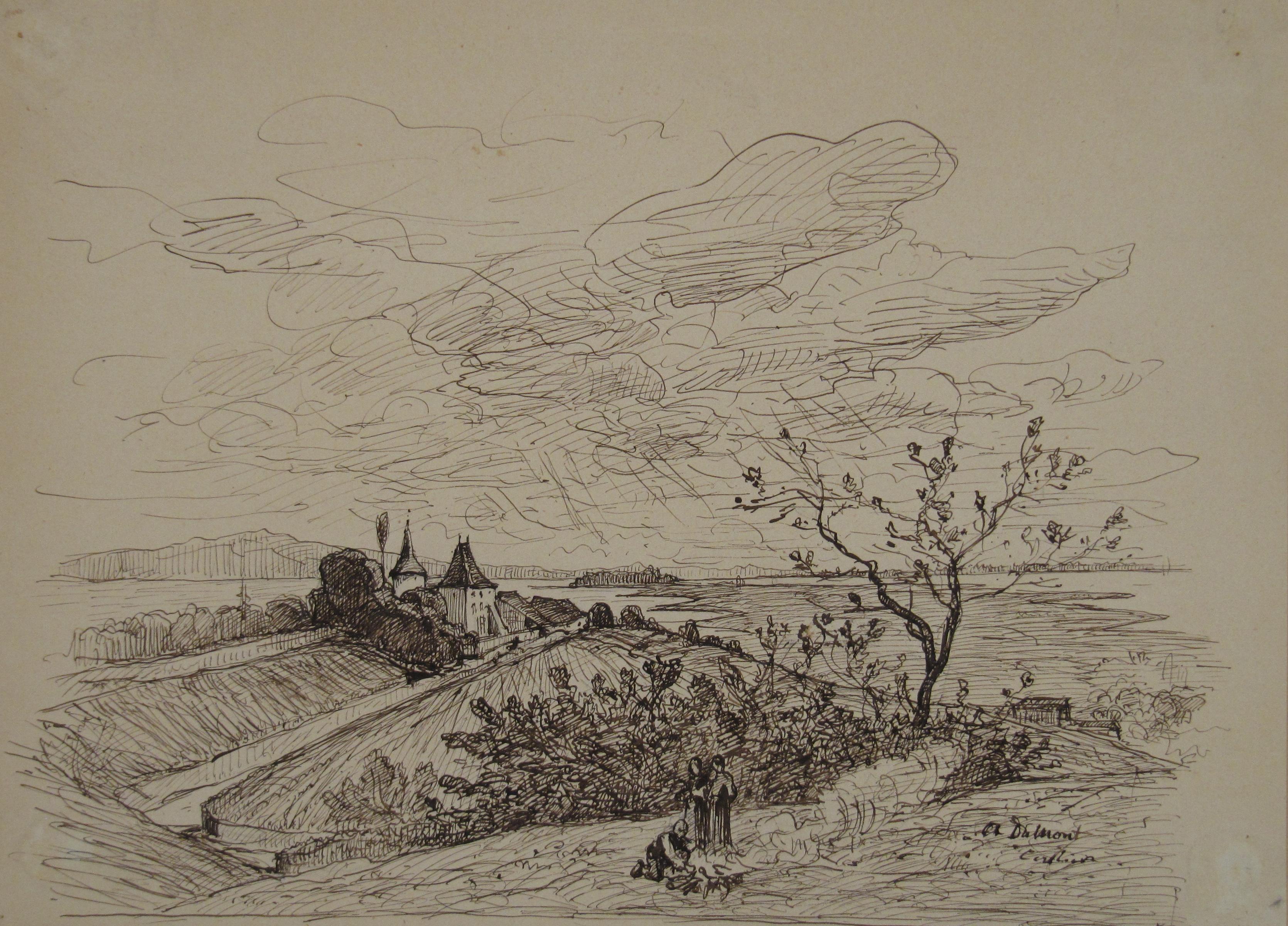 Alfred Paul Emil Etienne Dumont Landscape Art – Alfred Dumont (1828-1894) - Cerlier in der Schweiz - Tusche-Landschaftszeichnung aus dem 19. Jahrhundert