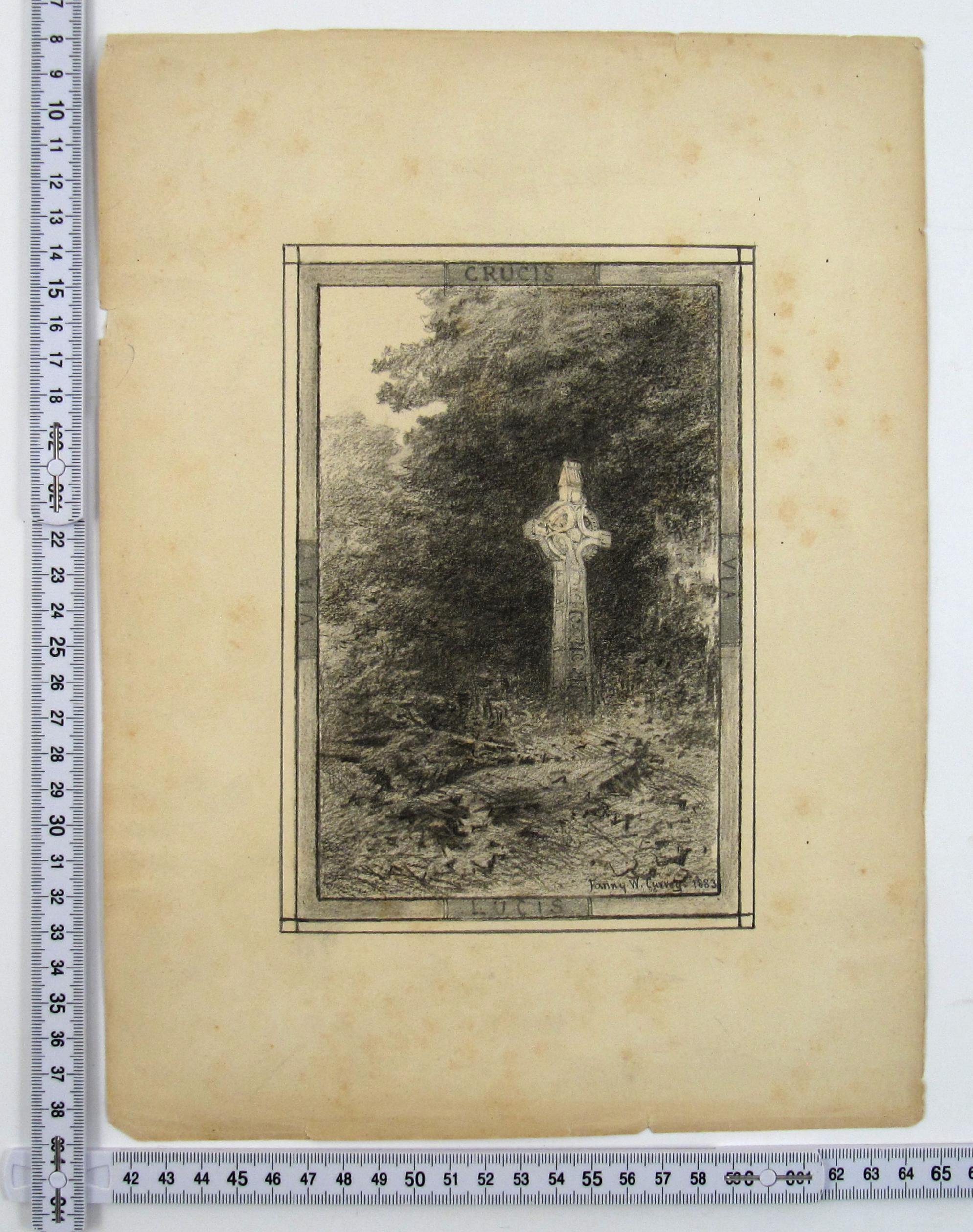 Fanny W. Currey ( Ireland ) 19thC Drawing of Celtic Cross - Via Crucis Via Lucis - Gray Landscape Art by Fanny Wimot Currey