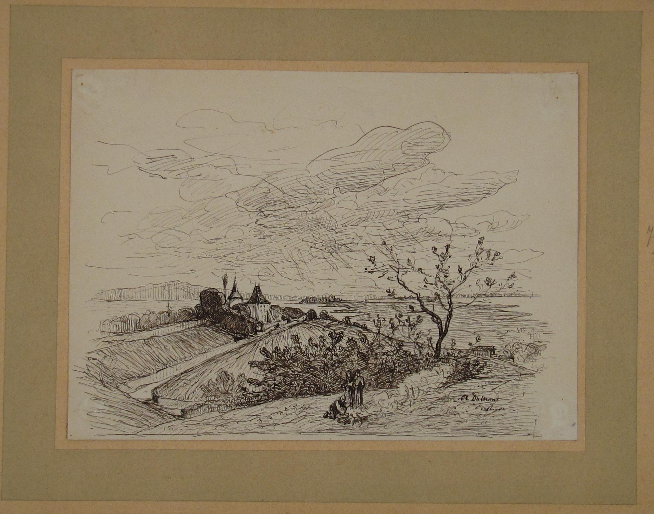 Alfred Dumont (1828-1894) - Cerlier en Suisse - Dessin de paysage à l'encre du 19e siècle - Naturalisme Art par Alfred Paul Emil Etienne Dumont