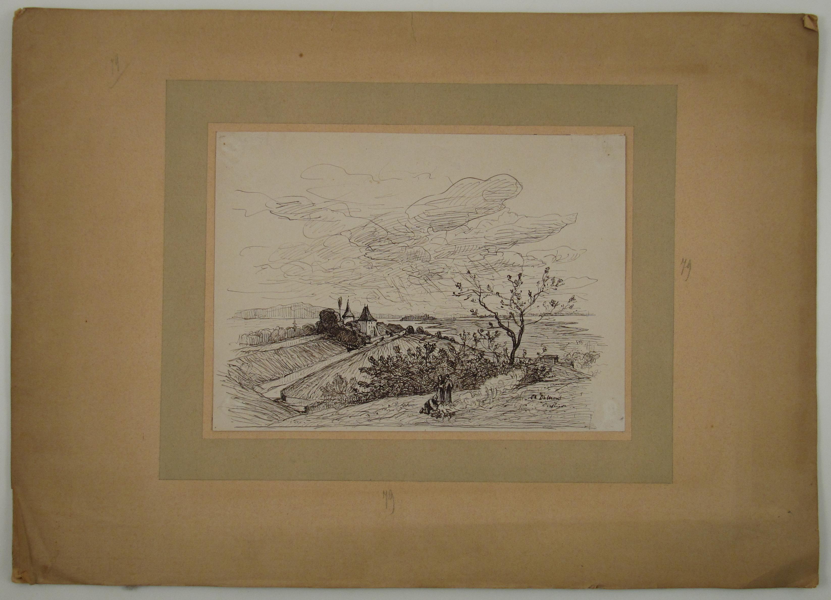 Alfred Dumont (1828-1894) - Cerlier en Suisse - Dessin de paysage à l'encre du 19e siècle - Gris Landscape Art par Alfred Paul Emil Etienne Dumont
