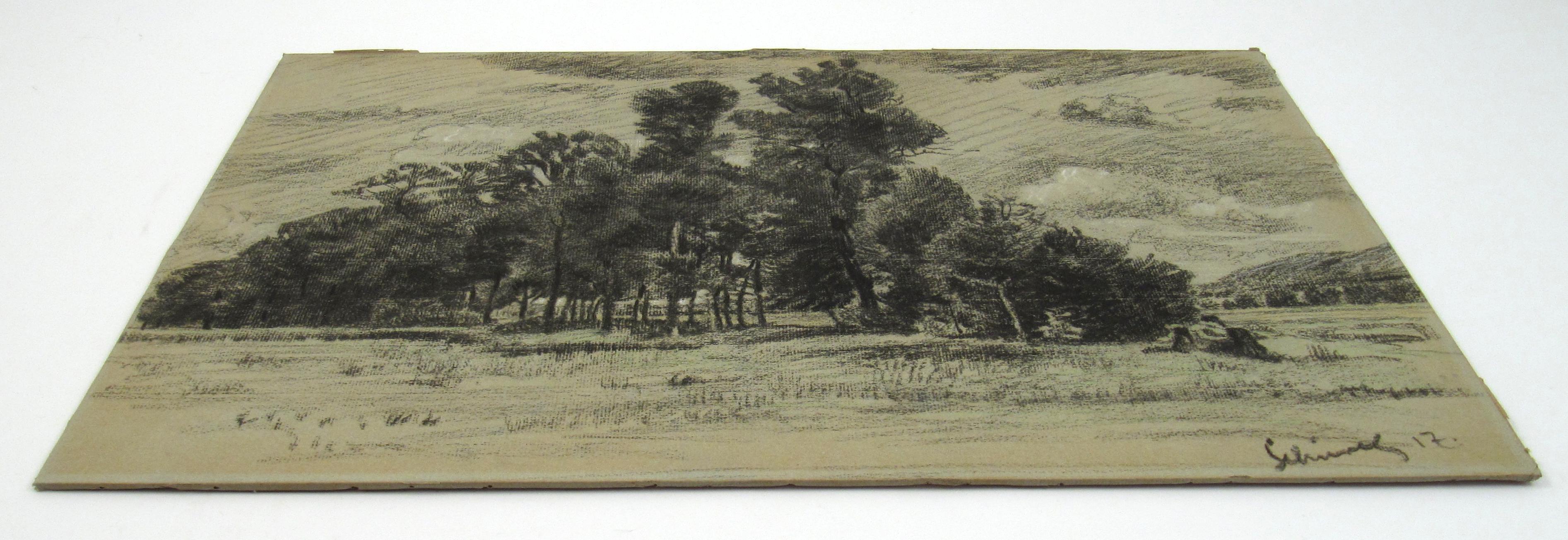 Paul Schürch
(Swiss, ∗ 14.2.1886 Wangen b. Olten, † 11.12.1939 Bern)

Romantic Landscape in area of Solothurn, Switzerland

•	Charcoal/Pencil drawing delicately heightened in various pastel on laid paper mounted on card, ca. 29 x 45.5 cm
•	Signed