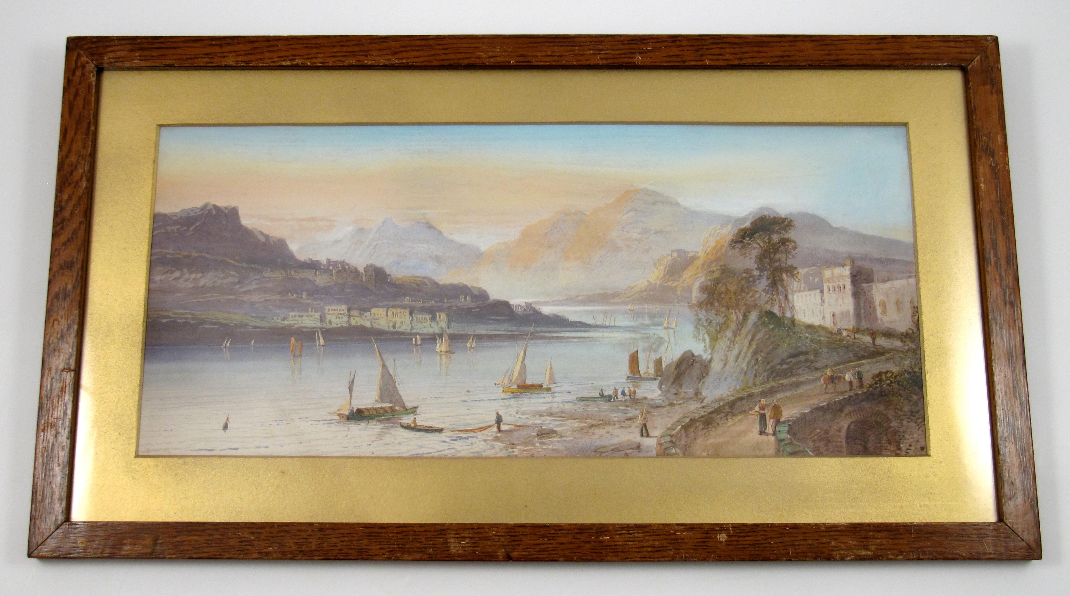 Lennard Lewis
(British, 1826 - 1913)

View of the Lago Maggiore and the Mountains of southern Switzerland

•	Water colour on paper
•	Signed and dated lower left corner
•	Visible image, ca. 23.5 x 54 cm
•	Somewhat later, glased oak frame, ca. 37 x
