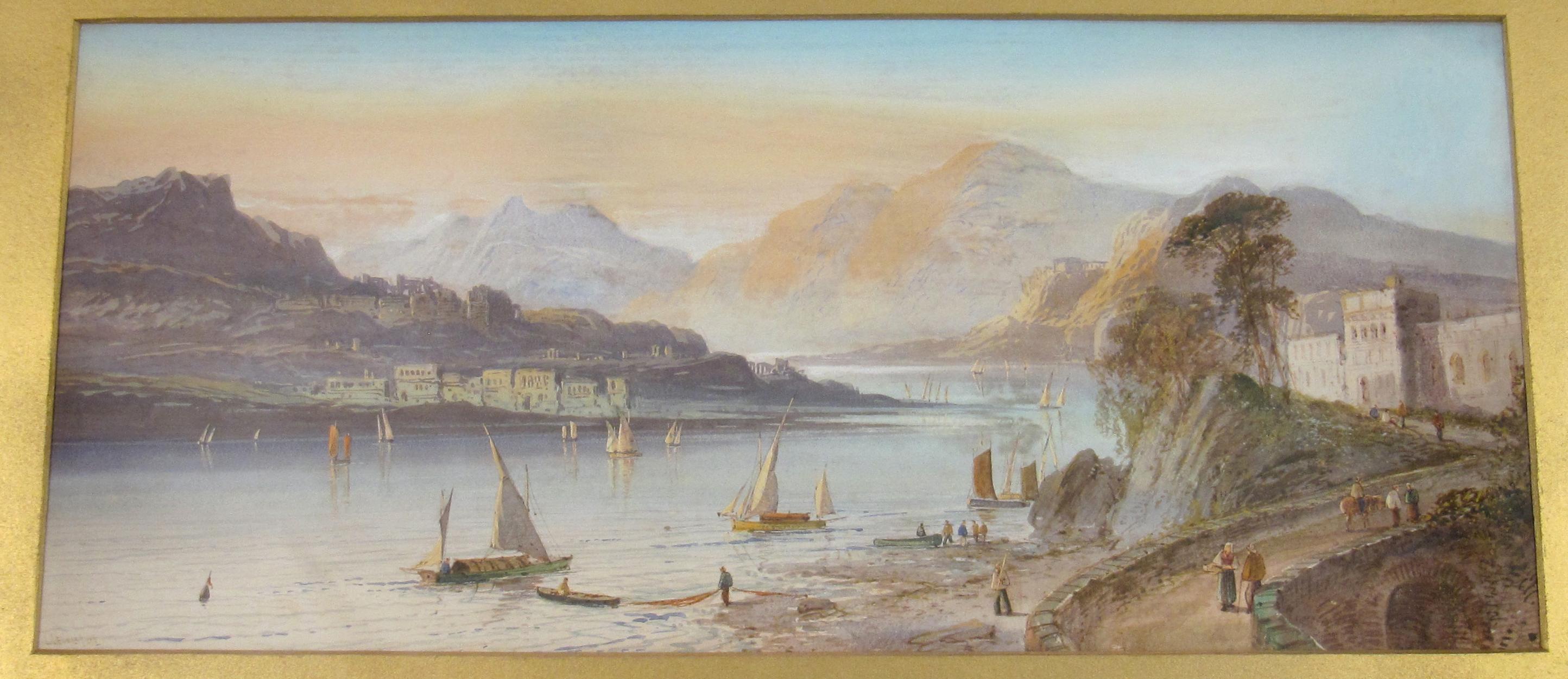 Lennard Lewis
(Britannique, 1826 - 1913)

Vue sur le Lago Maggiore et les montagnes du sud de la Suisse

•	Aquarelle sur papier
•	Signé et daté en bas à gauche
•	Image visible, environ 23,5 x 54 cm
•	Un peu plus tard, cadre en chêne glacé, env. 37 x