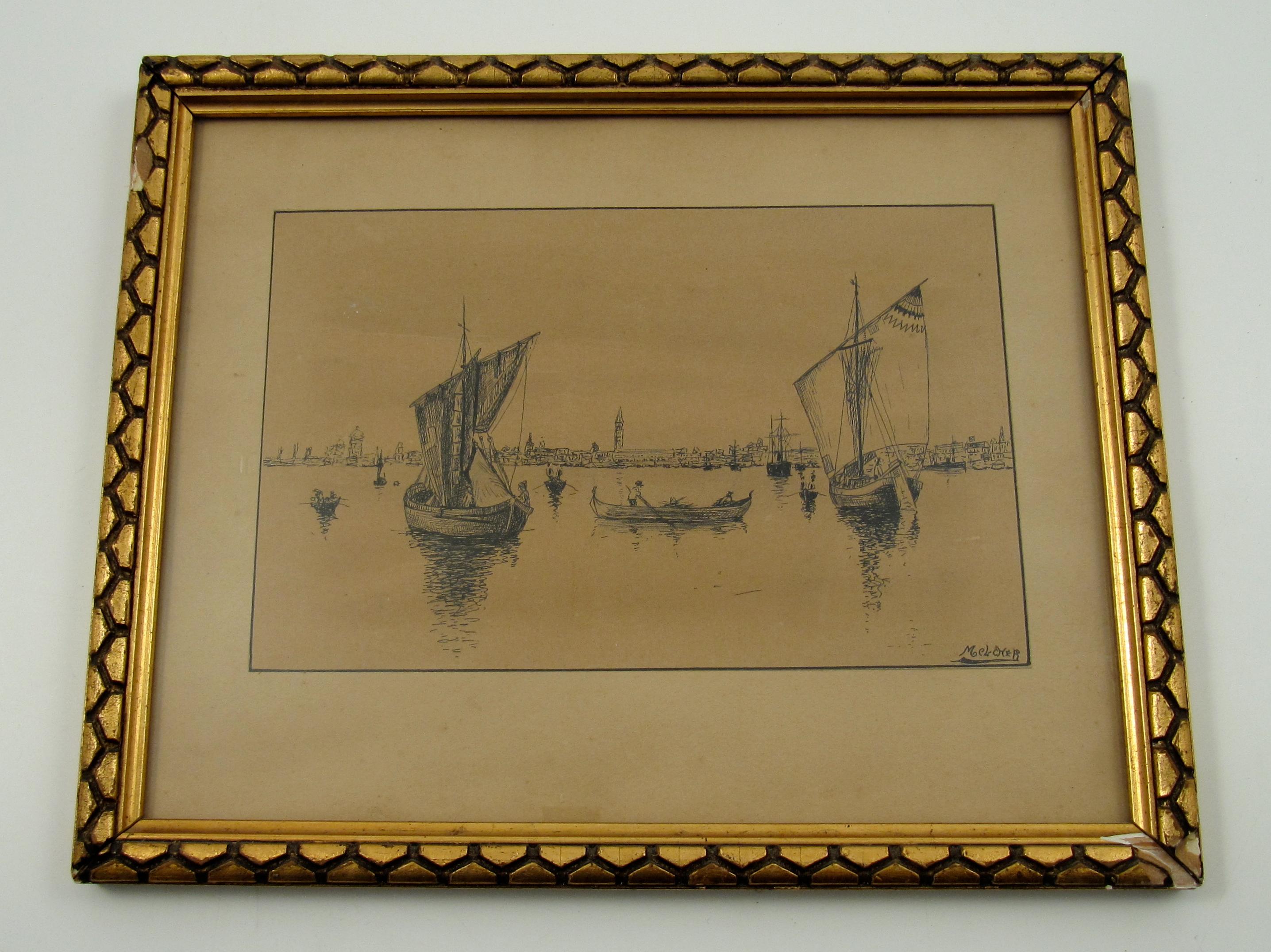 Gustav Melcher (allemand, 1898 - ?) Bateaux au large de Venise, Italie, Aquarelle à l'encre, vers 1918 en vente 2