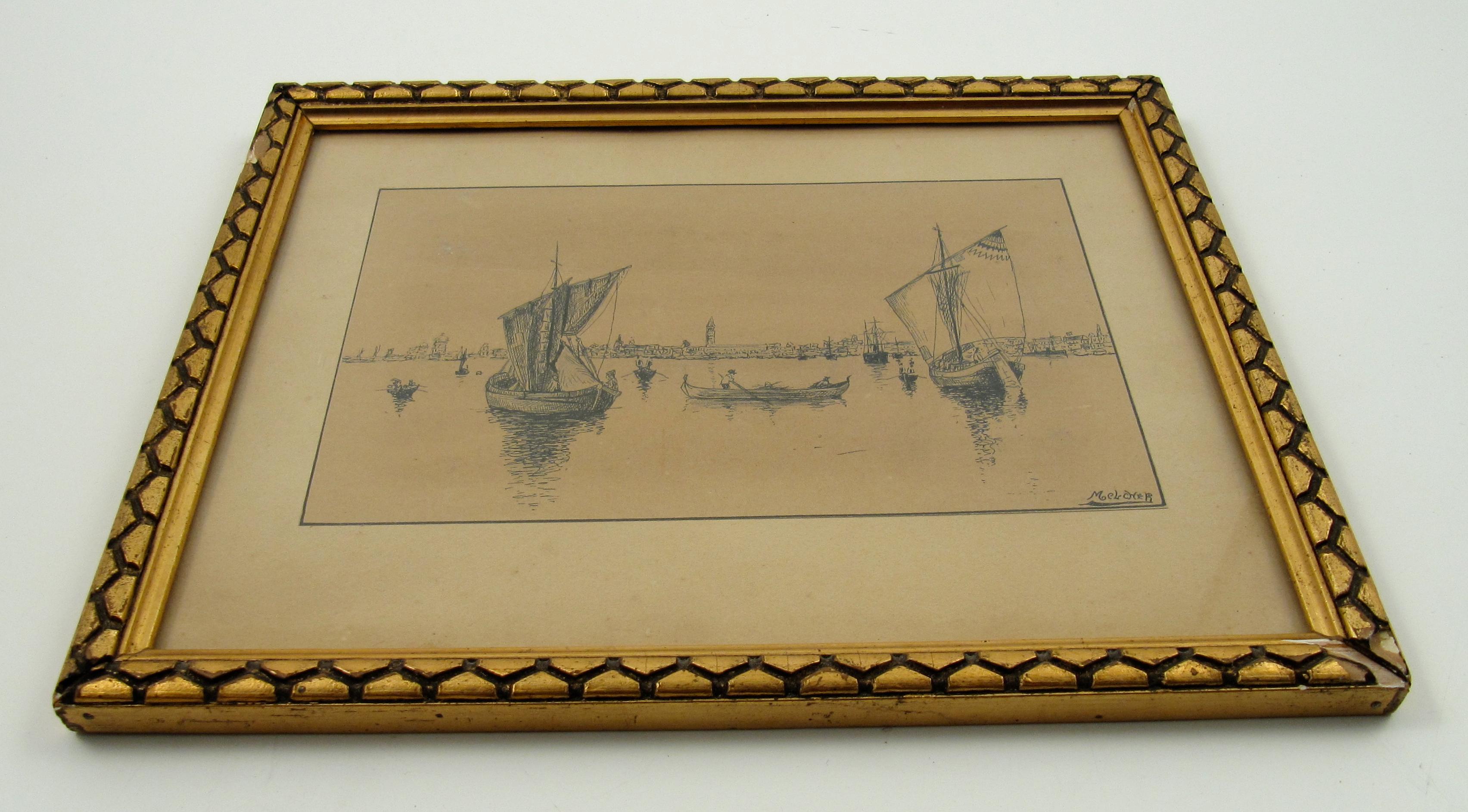 Gustav Melcher
(German, 1898-?)

Segelschiffe vor Venedig - Sailing ships off Venice

•	India ink, water colour wash
•	Visible image ca. 11.5 x 18 cm
•	Glased Frame ca. 20 x 25 cm
•	Verso various inscriptions
•	Signed lower right

Worldwide shipping