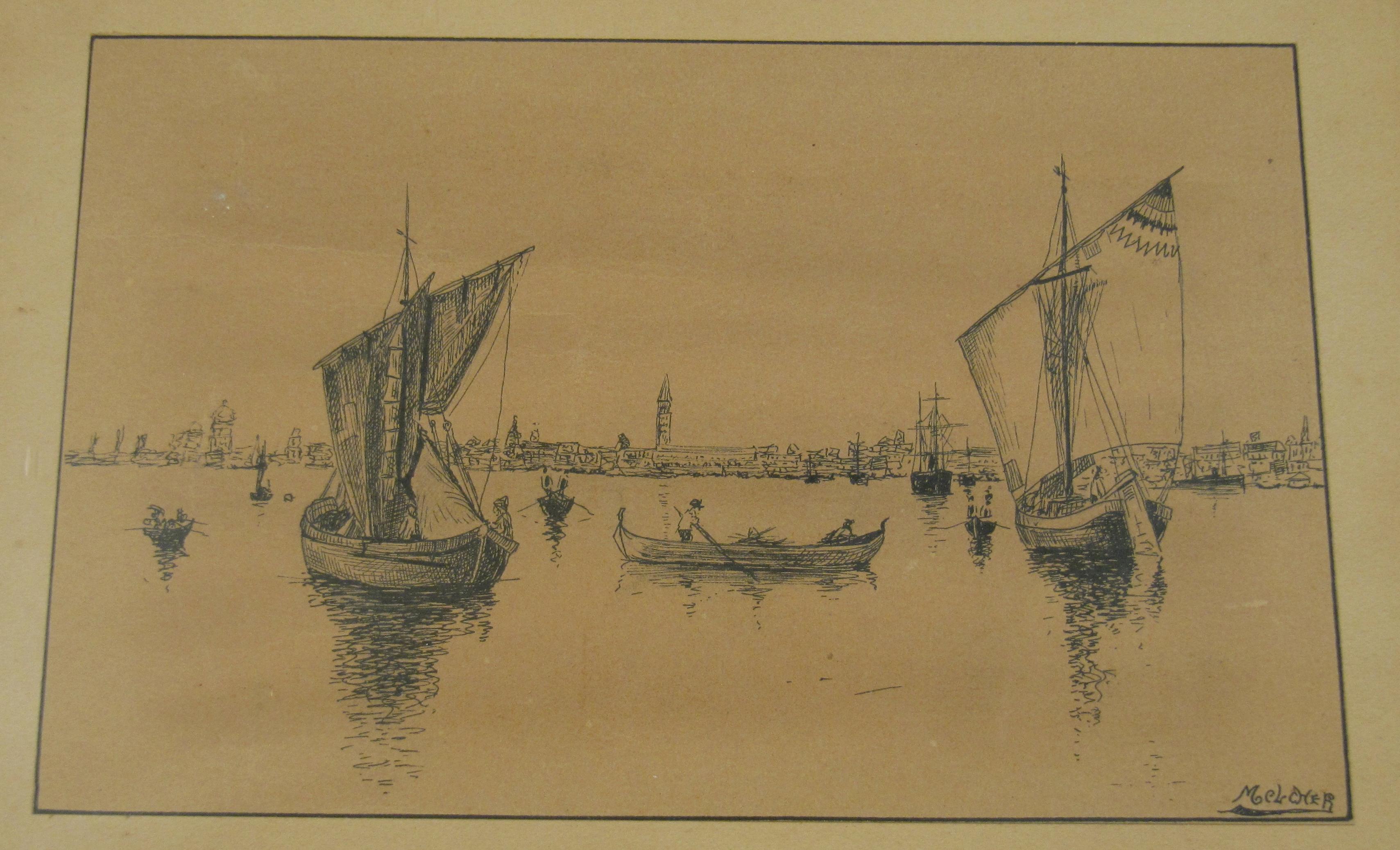 Gustav Melcher ( German, 1898 -?) Boats off Venice Italy Ink Water Color c. 1918 For Sale 1