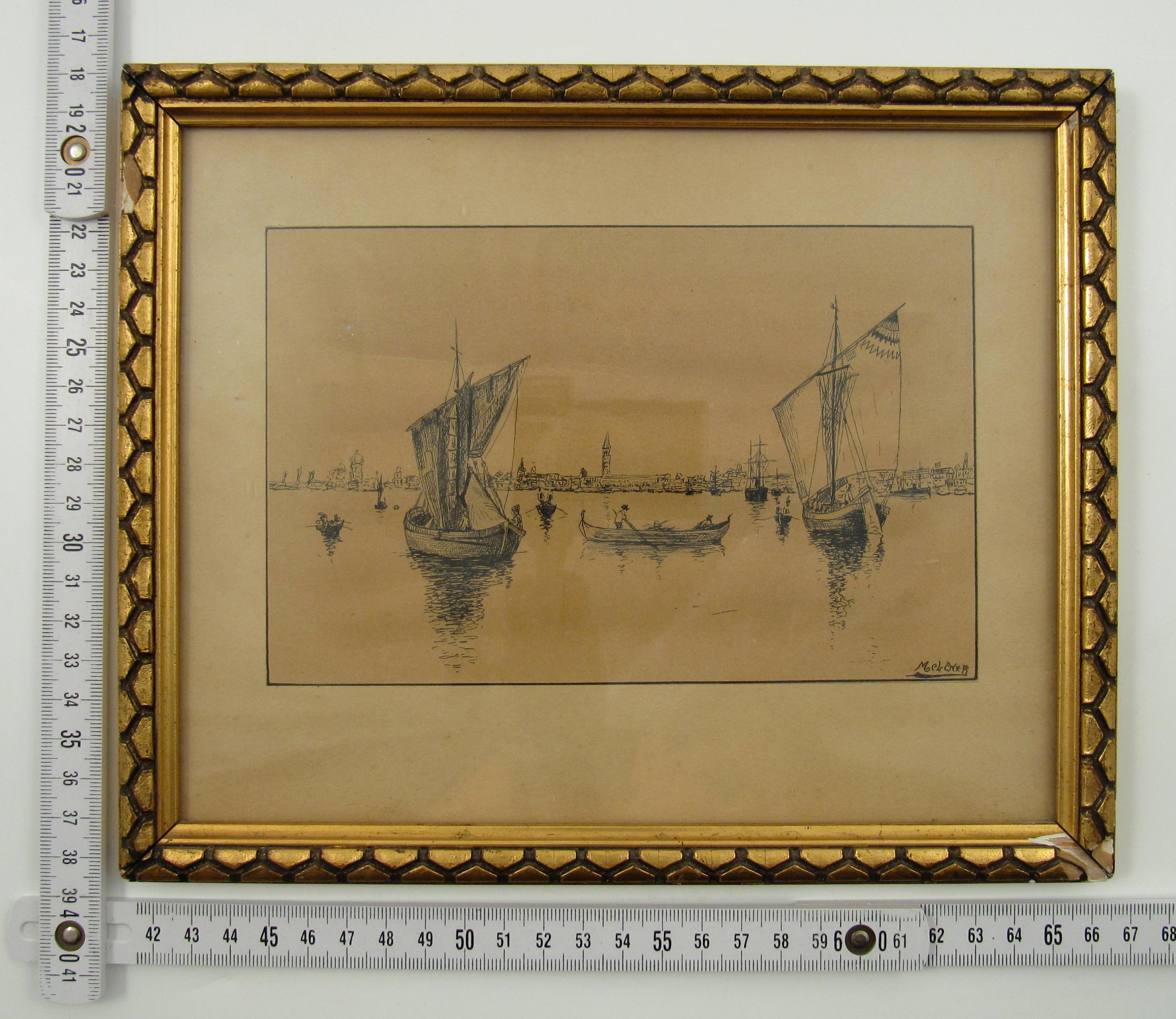 Gustav Melcher ( German, 1898 -?) Boats off Venice Italy Ink Water Color c. 1918 For Sale 6