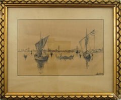 Gustav Melcher ( German, 1898 -?) Boats off Venice Italy Ink Water Color c. 1918