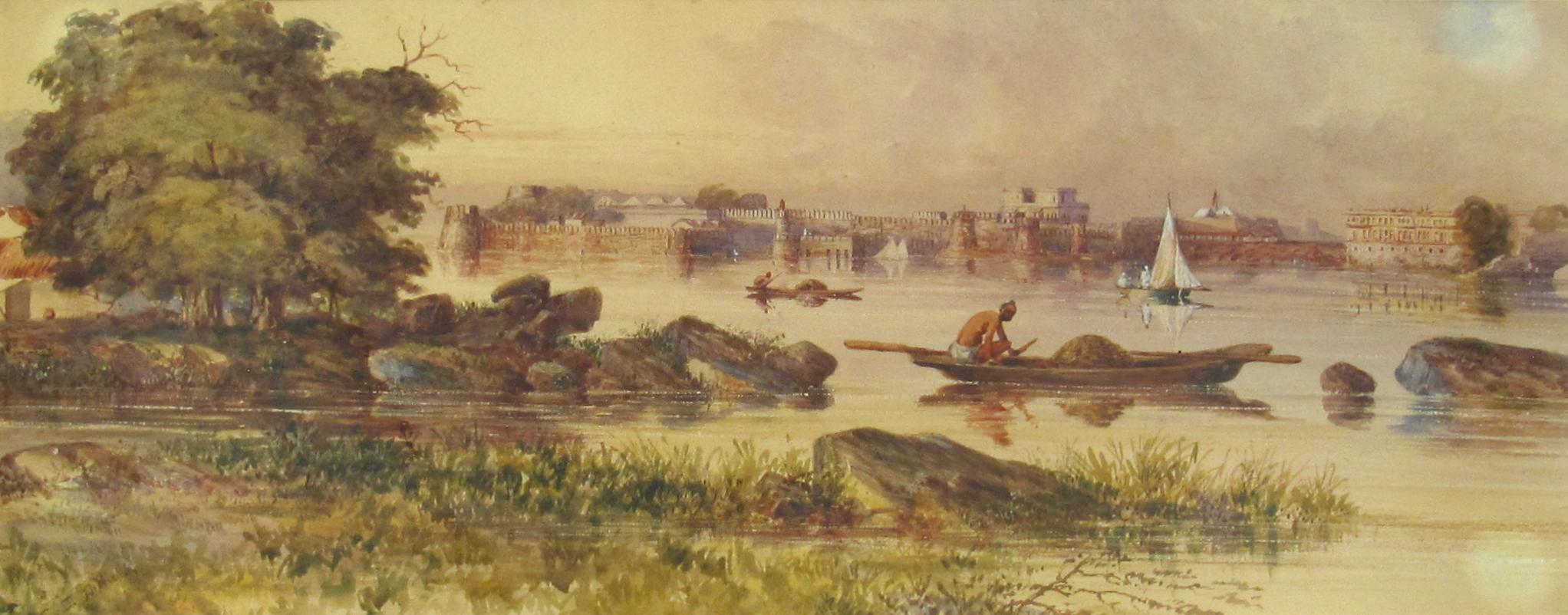 Gangetic Indian Landscape with a Boatmen and Buildings on the banks beyond