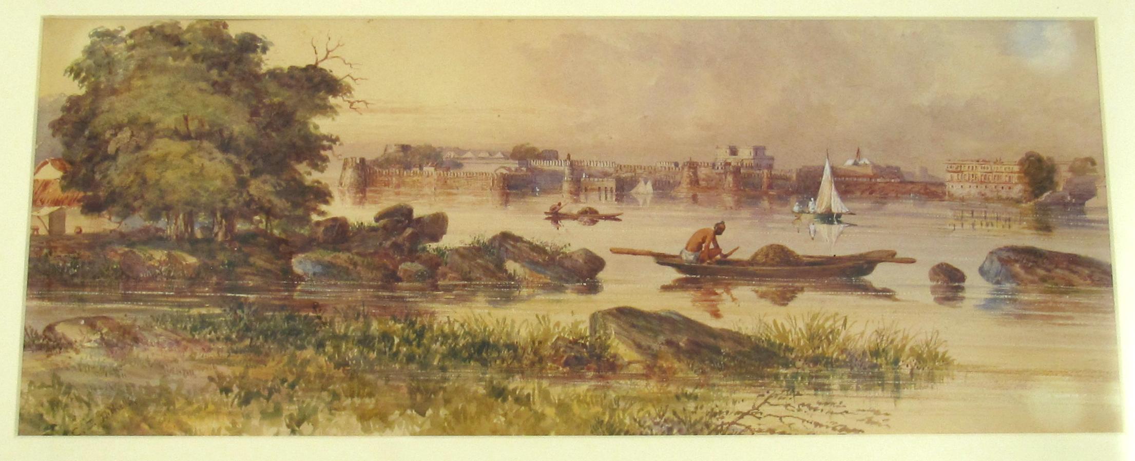 Charles George Nicholls
(English, flourished 1792 - 1818)

Picturesque Gangetic Landscape in India

• Circa 1805
• Watercolour on thick paper, ca. 20 x 49.5 cm
• Mounted behind a modern passpartout, visible image ca. 19 x 49 cm
• Original Georgian