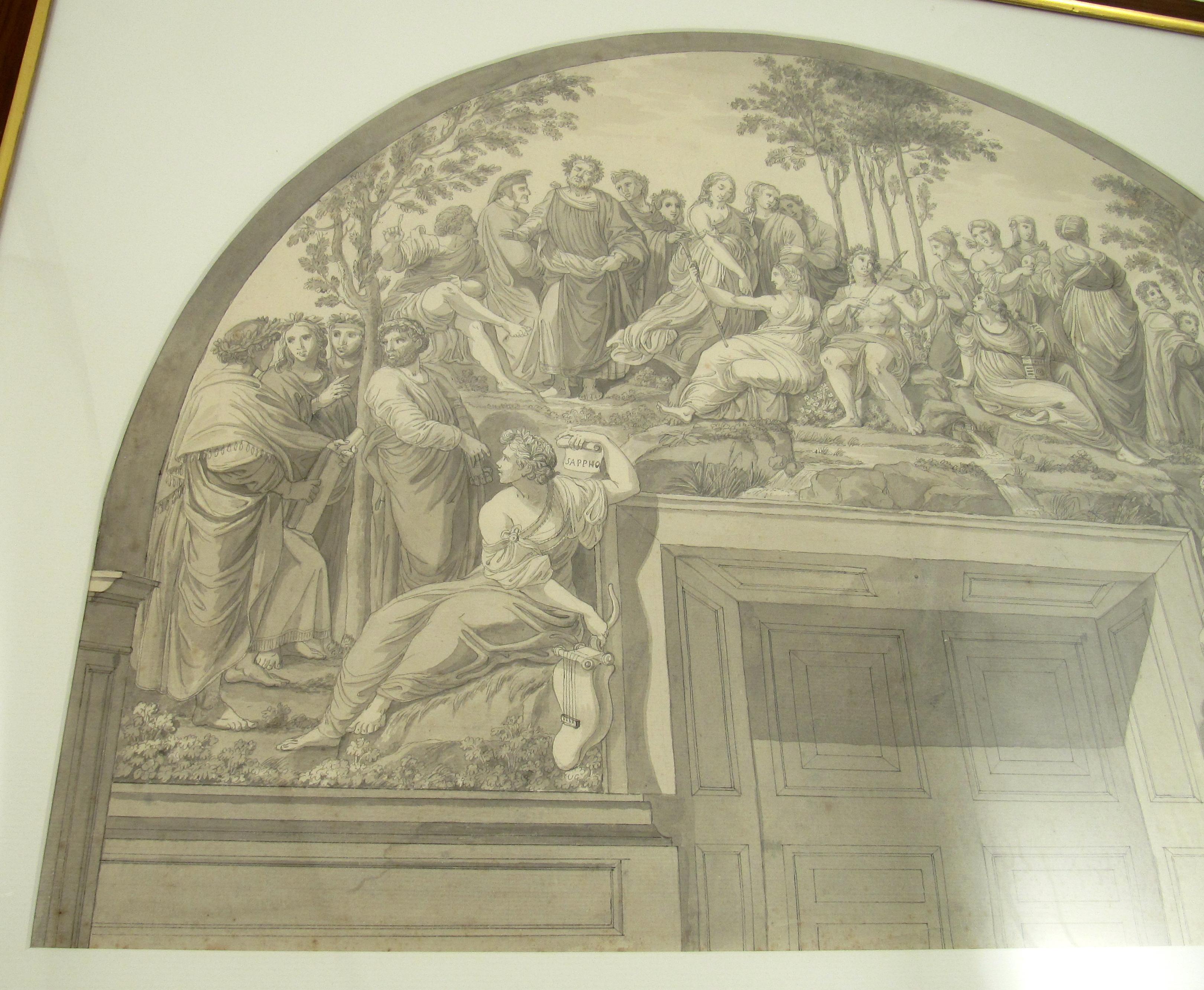 Parnassus nach Raphael - Zeichnung mit Bleistift und Tusche aus dem 18. Jahrhundert (Braun), Portrait, von (after) Raphael (Raffaello Sanzio da Urbino)