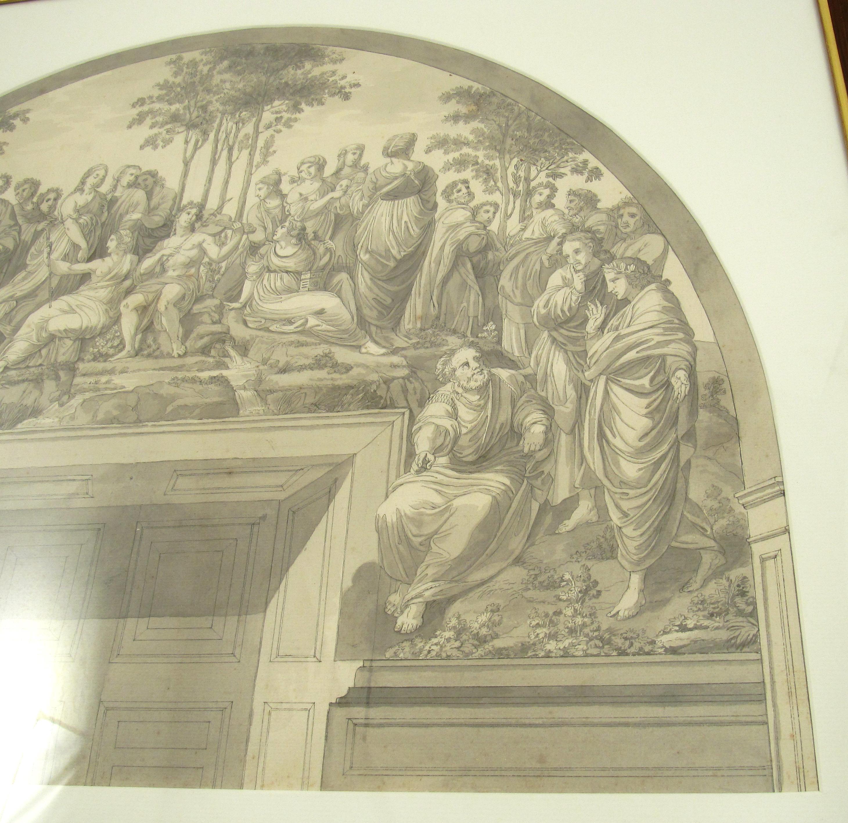 Der Parnass nach Raphael

18. Jahrhundert
Feder und Tusche Lavierung Zeichnung
Rahmen aus glasiertem Holz, ca. 62 x 78,5 cm
Montiert hinter einer gewölbten Matte.

Diese große Zeichnung ist nach dem berühmten Fresko der Schule von Athen, das Raffael