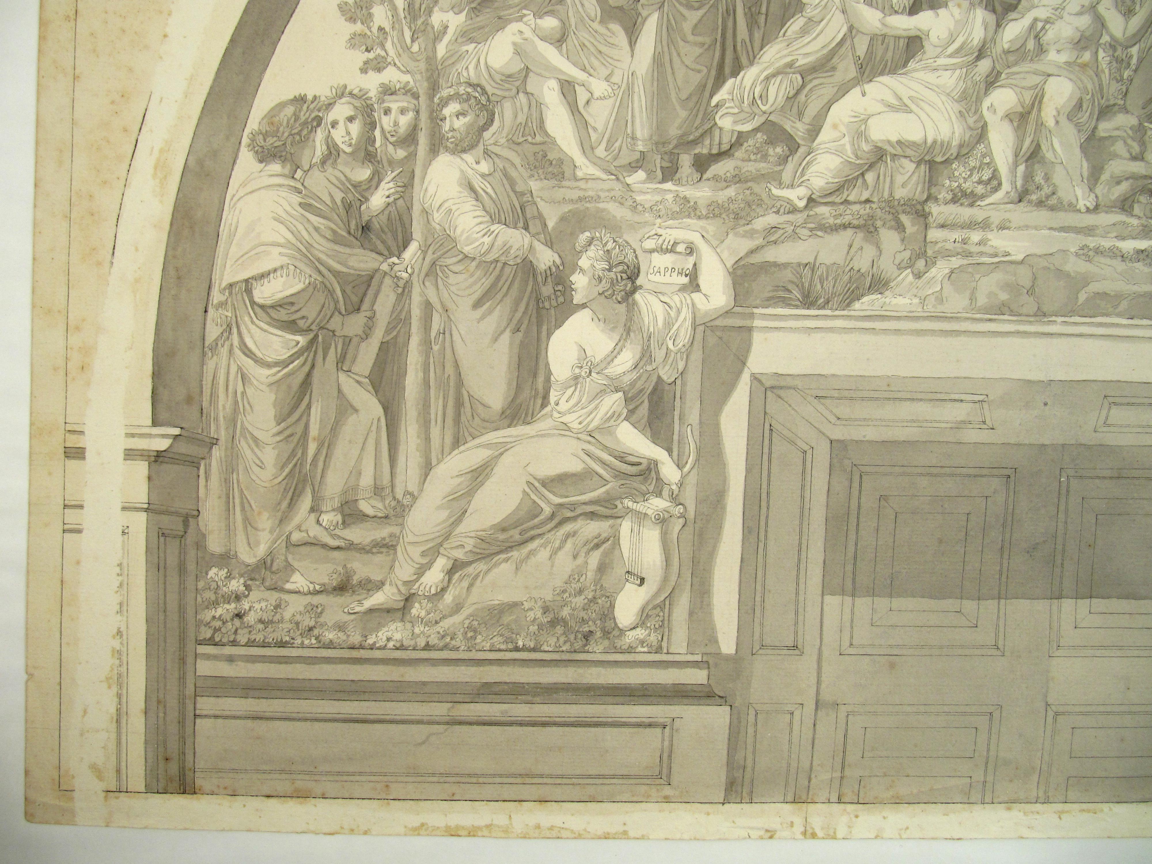  The Parnassus after Raphael Vatican 18th Century Pen Ink Wash Drawing c. 1780 For Sale 5