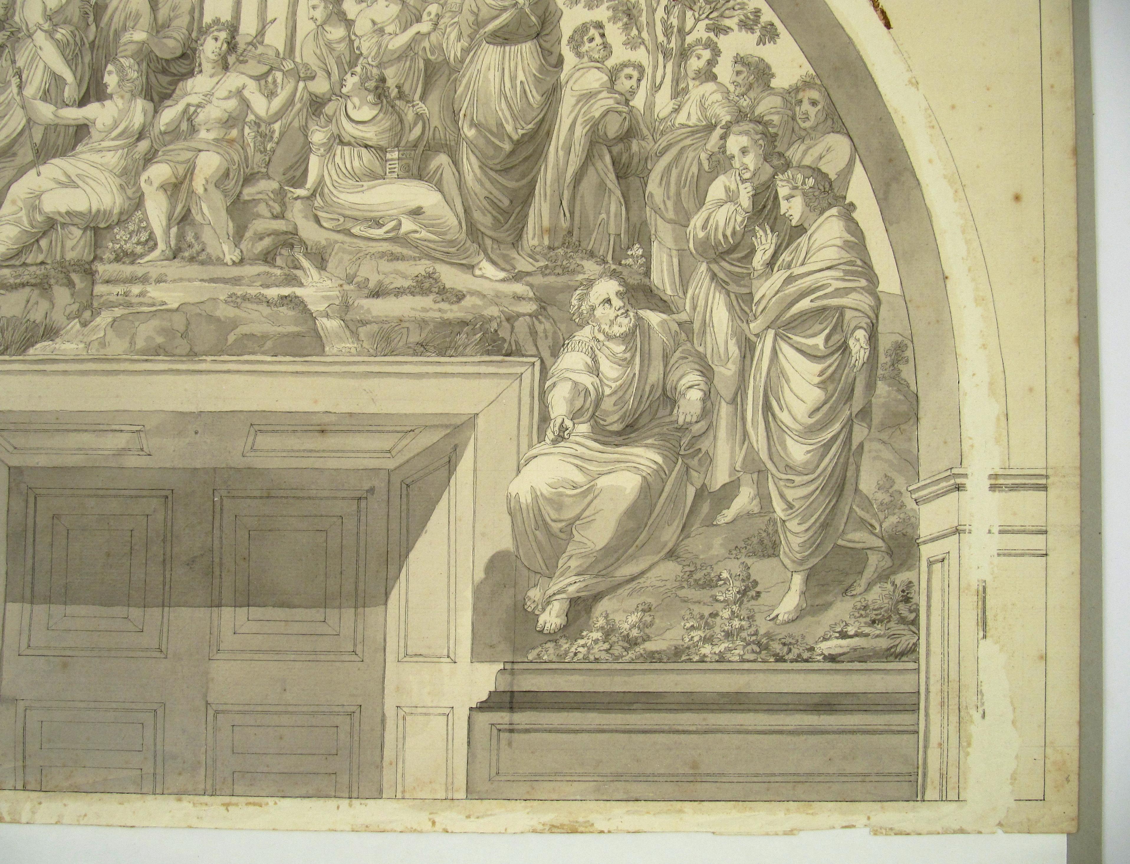  The Parnassus after Raphael Vatican 18th Century Pen Ink Wash Drawing c. 1780 For Sale 7
