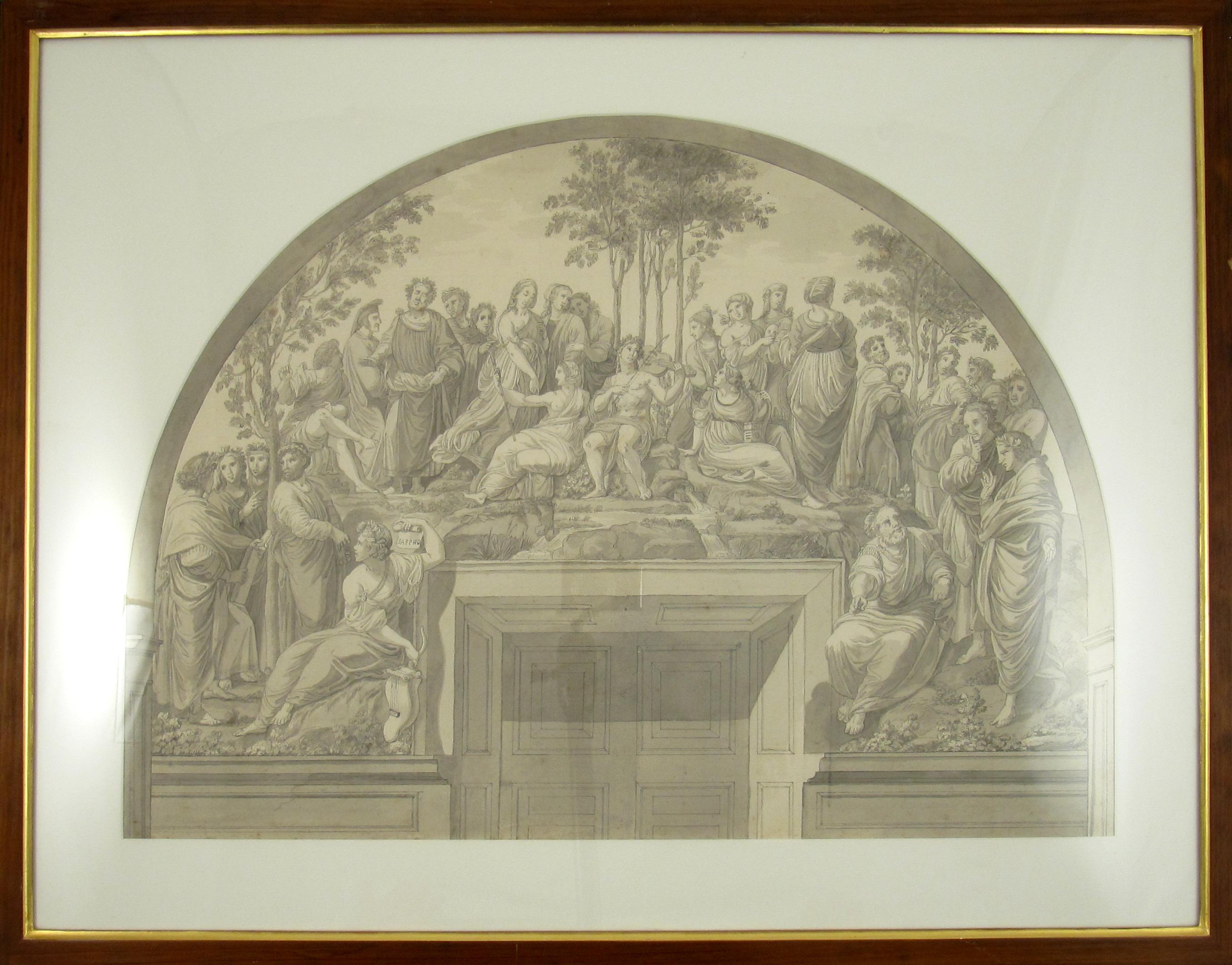  Pen-Tinte-Wäsche-Zeichnung des Parnassus nach Raphael, Vatikan, 18. Jahrhundert, um 1780