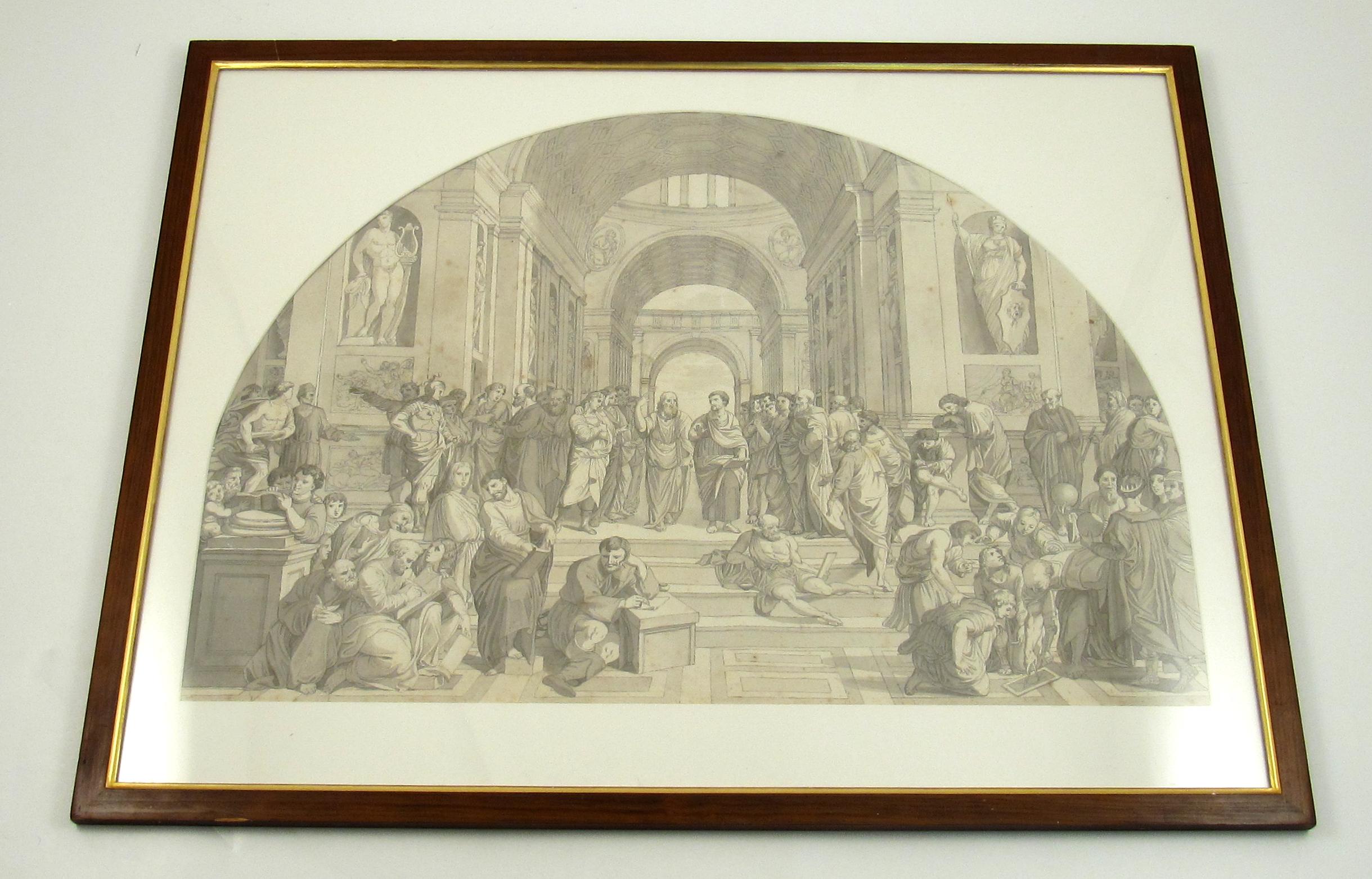 École d'Athènes d'après Raphael Vatican 18e siècle Plume Encre Lavis Dessin c. 1780 - Beige Figurative Art par (after) Raphael (Raffaello Sanzio da Urbino)