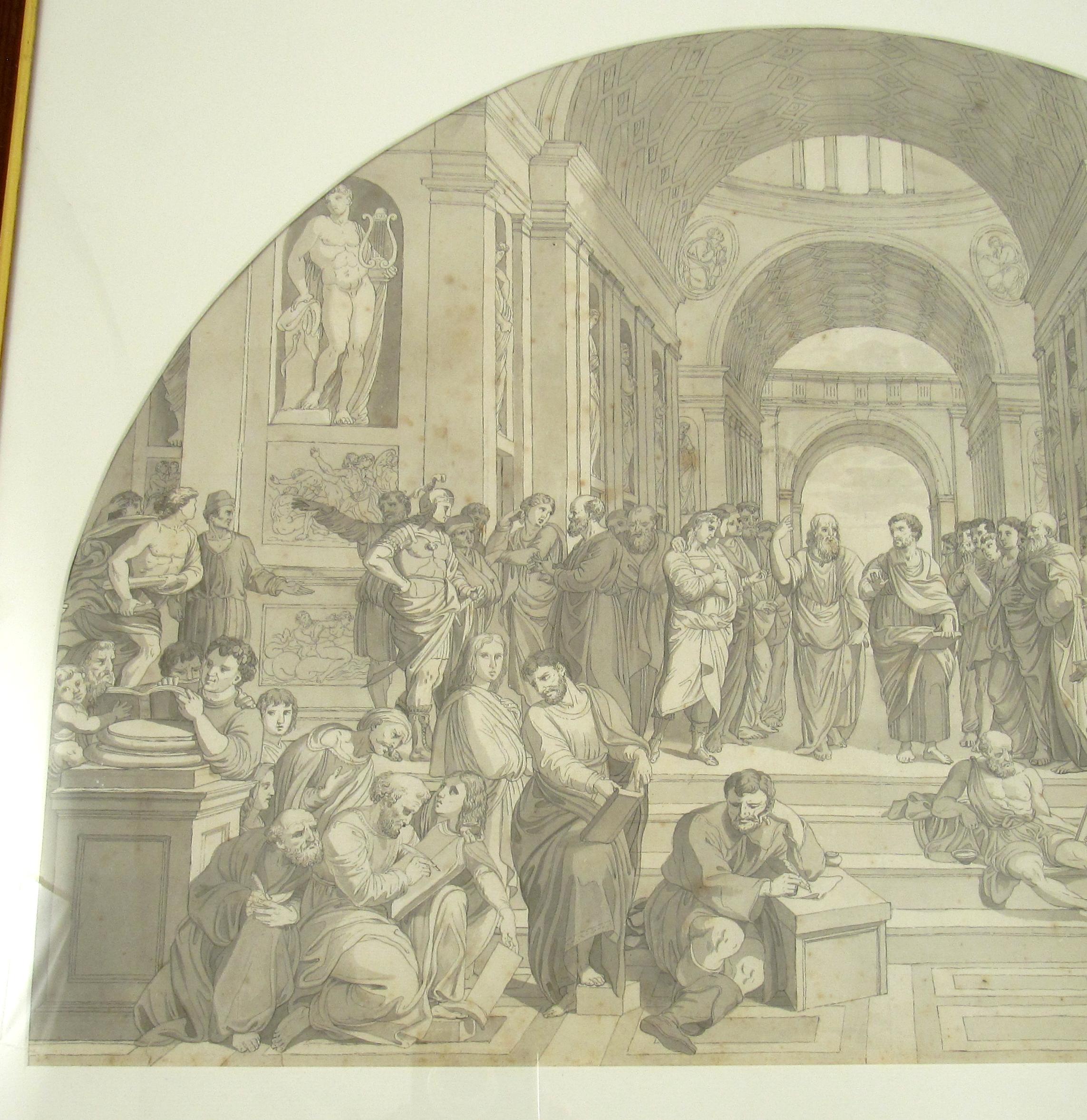Die Schule von Athen nach Raphael

18. Jahrhundert
Feder und Tusche Lavierung Zeichnung
Rahmen aus glasiertem Holz, ca. 62 x 78,5 cm
Montiert hinter einer gewölbten Matte.

Diese großformatige Zeichnung ist dem berühmten Fresko 