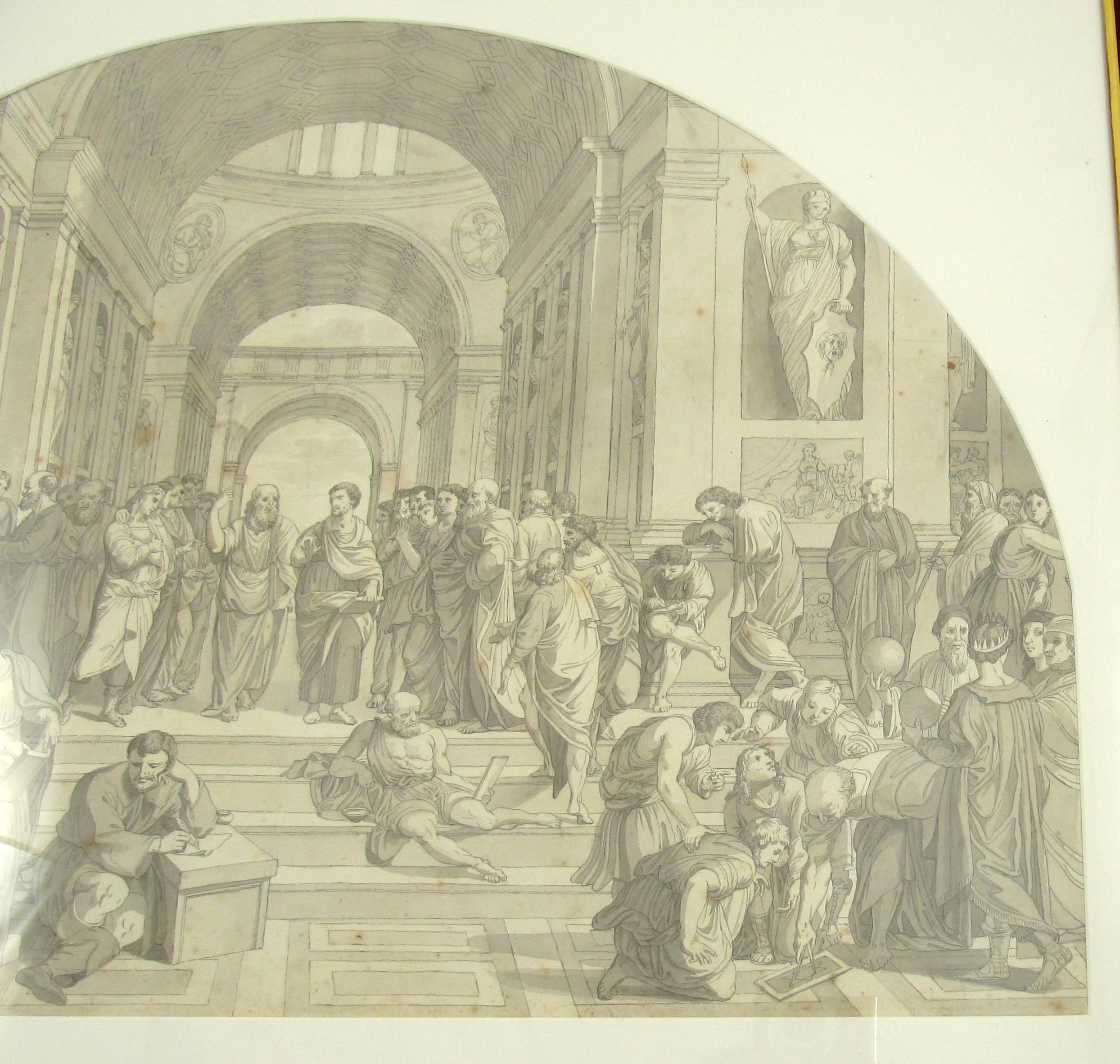 School of Athens after Raphael Vatican 18th Century Pen Ink Wash Drawing c. 1780 - Beige Figurative Art by (after) Raphael (Raffaello Sanzio da Urbino)