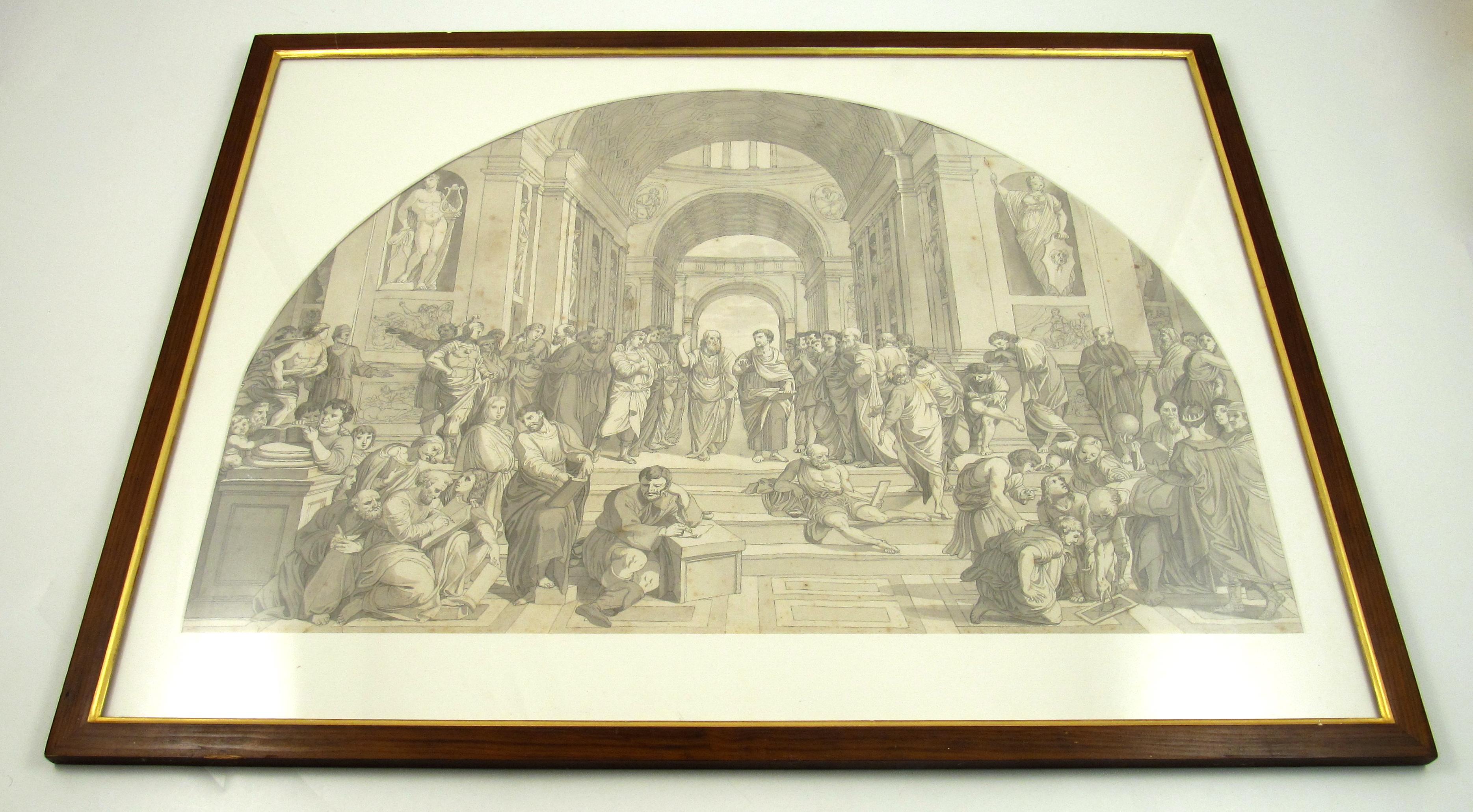 École d'Athènes d'après Raphael Vatican 18e siècle Plume Encre Lavis Dessin c. 1780 - Naturalisme Art par (after) Raphael (Raffaello Sanzio da Urbino)
