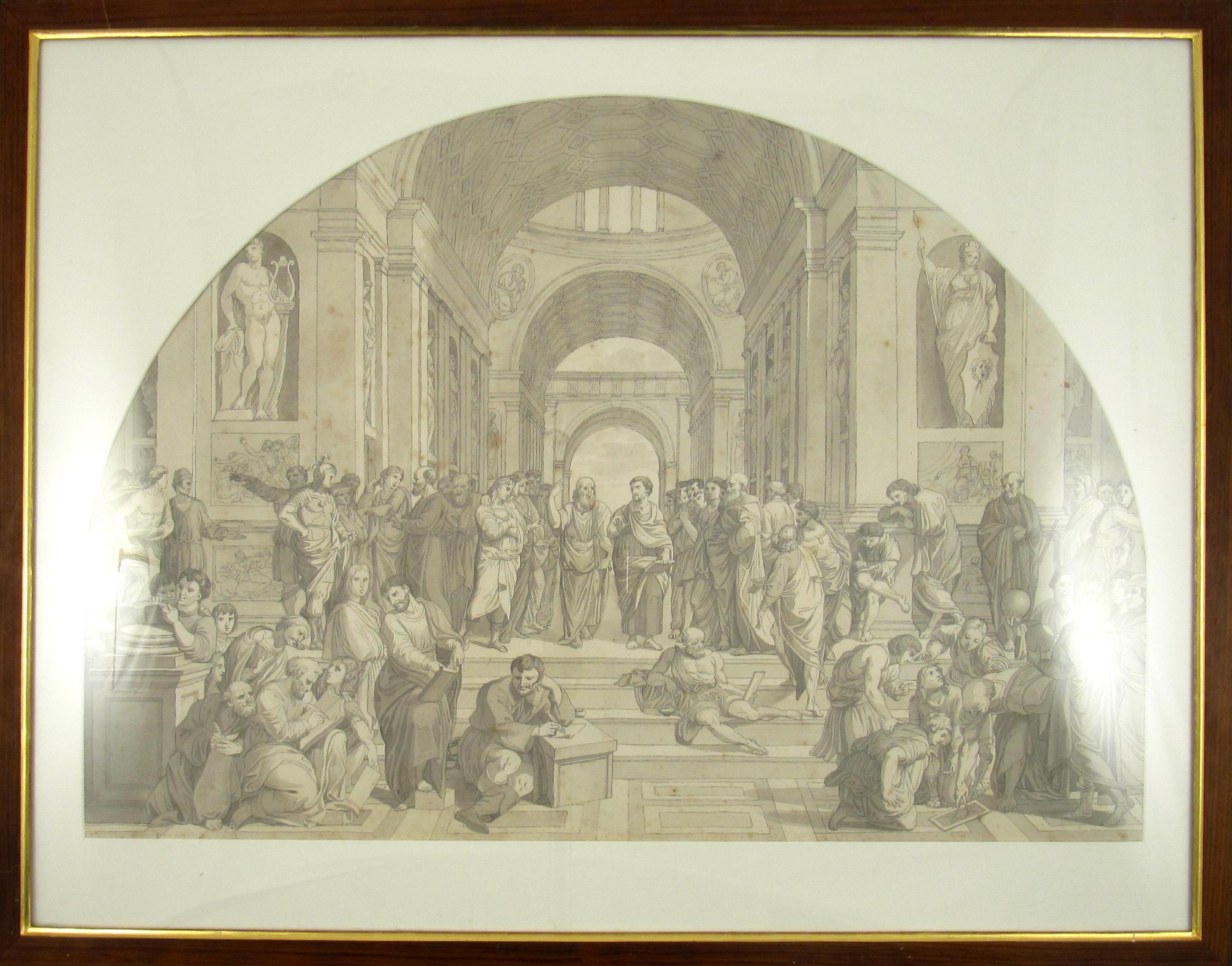 Schule von Athen nach Raphael, Vatikanische Tuschewaschungszeichnung des 18. Jahrhunderts, um 1780, Schule von Athen
