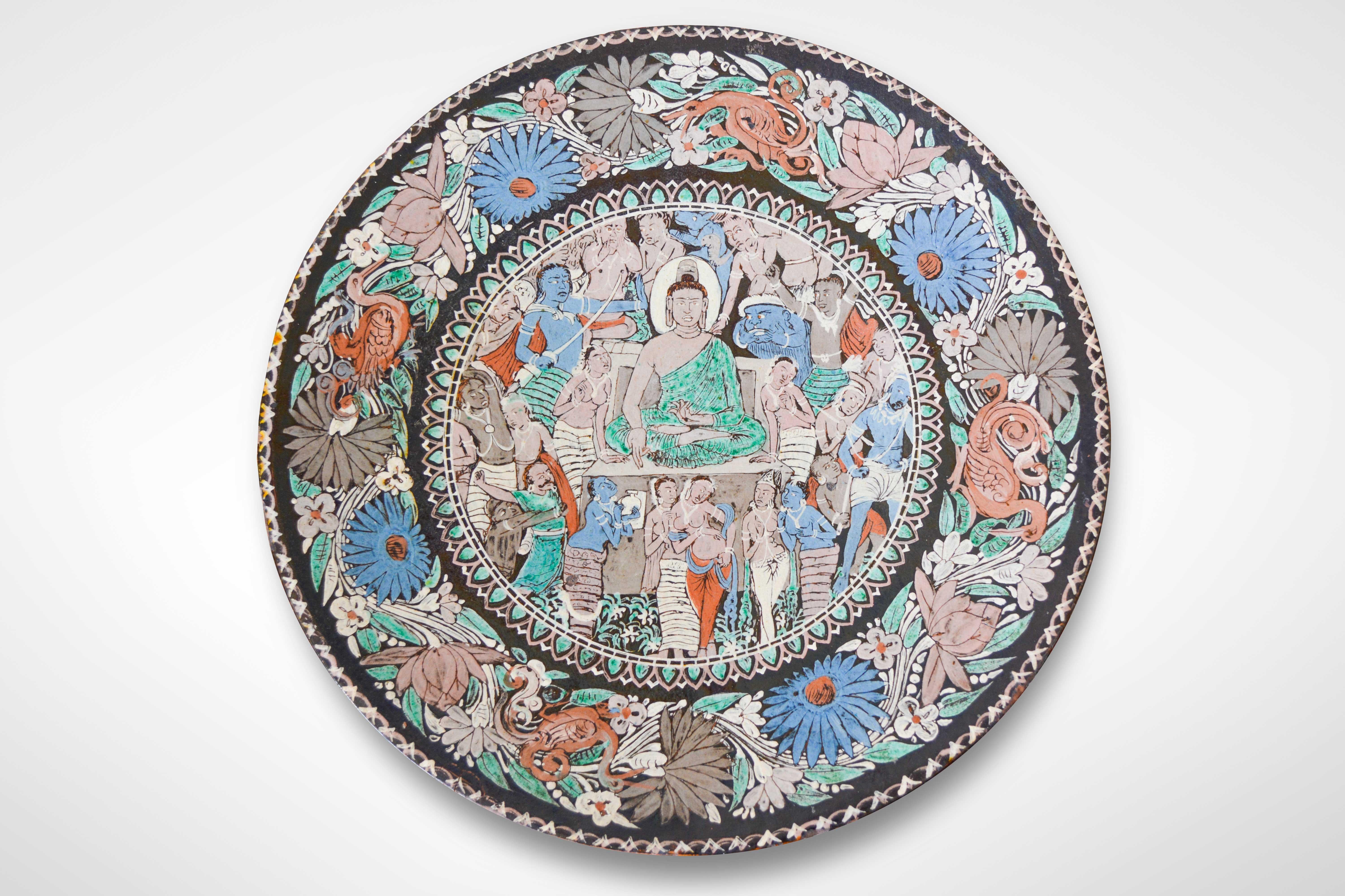 Poterie d'art indienne Bouddha grande assiette de présentation cygnes fleurs Art Inde 19ème siècle