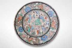 Indian Art Pottery Buddha Large Charger Swans Flowers Art India 19th Century 