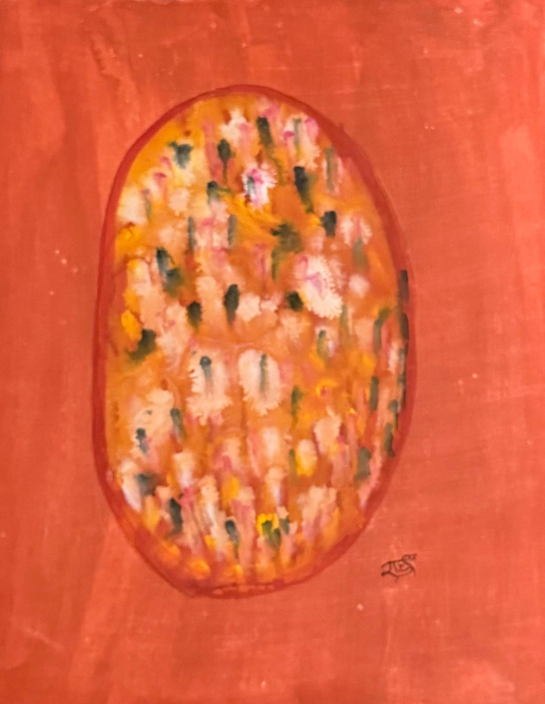 Zeitgenössische Miniatur Natürliche Pigmente Malerei Kosmisches Ei Minimalistisch orange