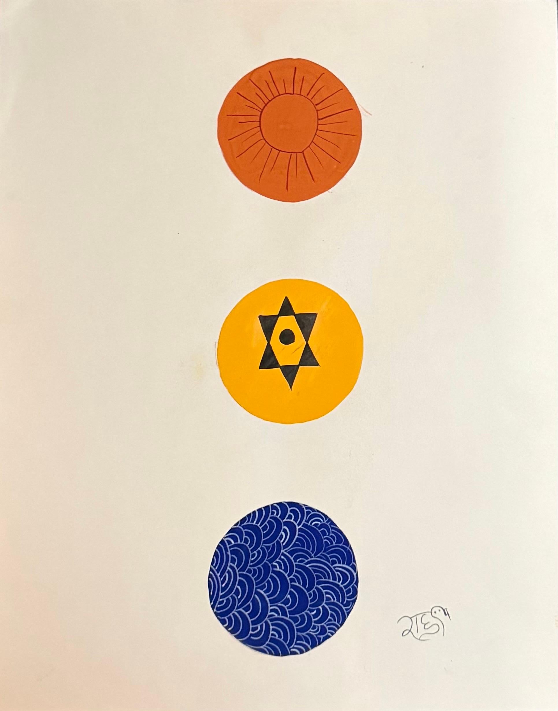 Zeitgenössische Miniatur Natürliches Pigment Tantric Ei Minimalistisch orange blau gelb