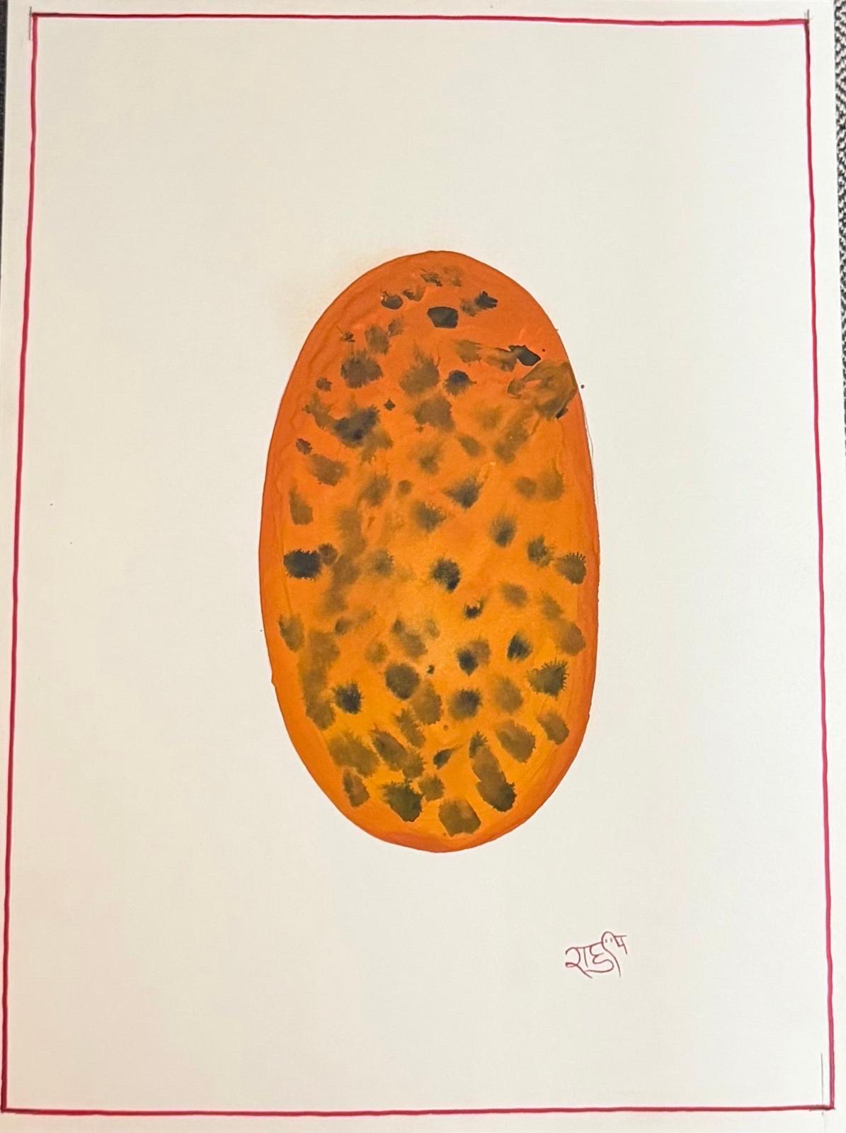 Rahul Kumar Abstract Painting – Zeitgenössische Miniatur Natürliches Pigment Tantric Cosmic Egg Minimalist orange
