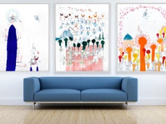 Enorme Tríptico Surrealista Royal College Art Pintura Artista LGBTQ+ Naranjas Azules