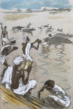 Vintage Modern Watercolour Published Indian Art Cartoonist Ganges River Delhi India 