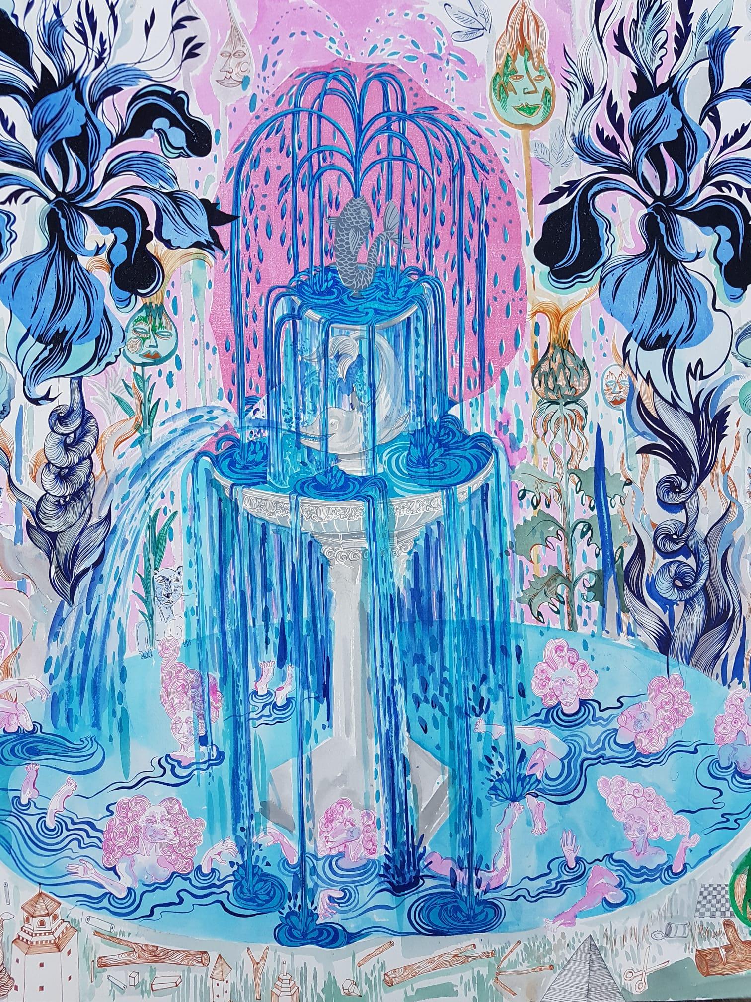 Surrealistische Malerei Royal College of Art LGBTQ+ Künstler Blauer Brunnen Rosa Pudel – Painting von Isabel Rock