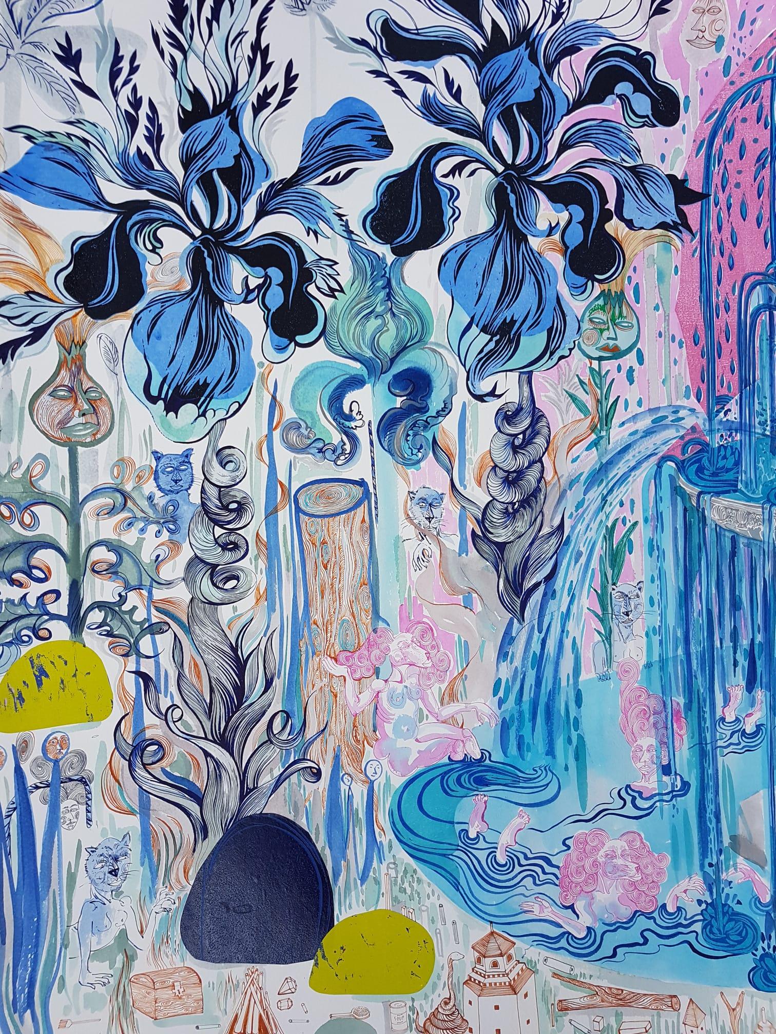 Surrealistische Malerei Royal College of Art LGBTQ+ Künstler Blauer Brunnen Rosa Pudel (Surrealismus), Painting, von Isabel Rock