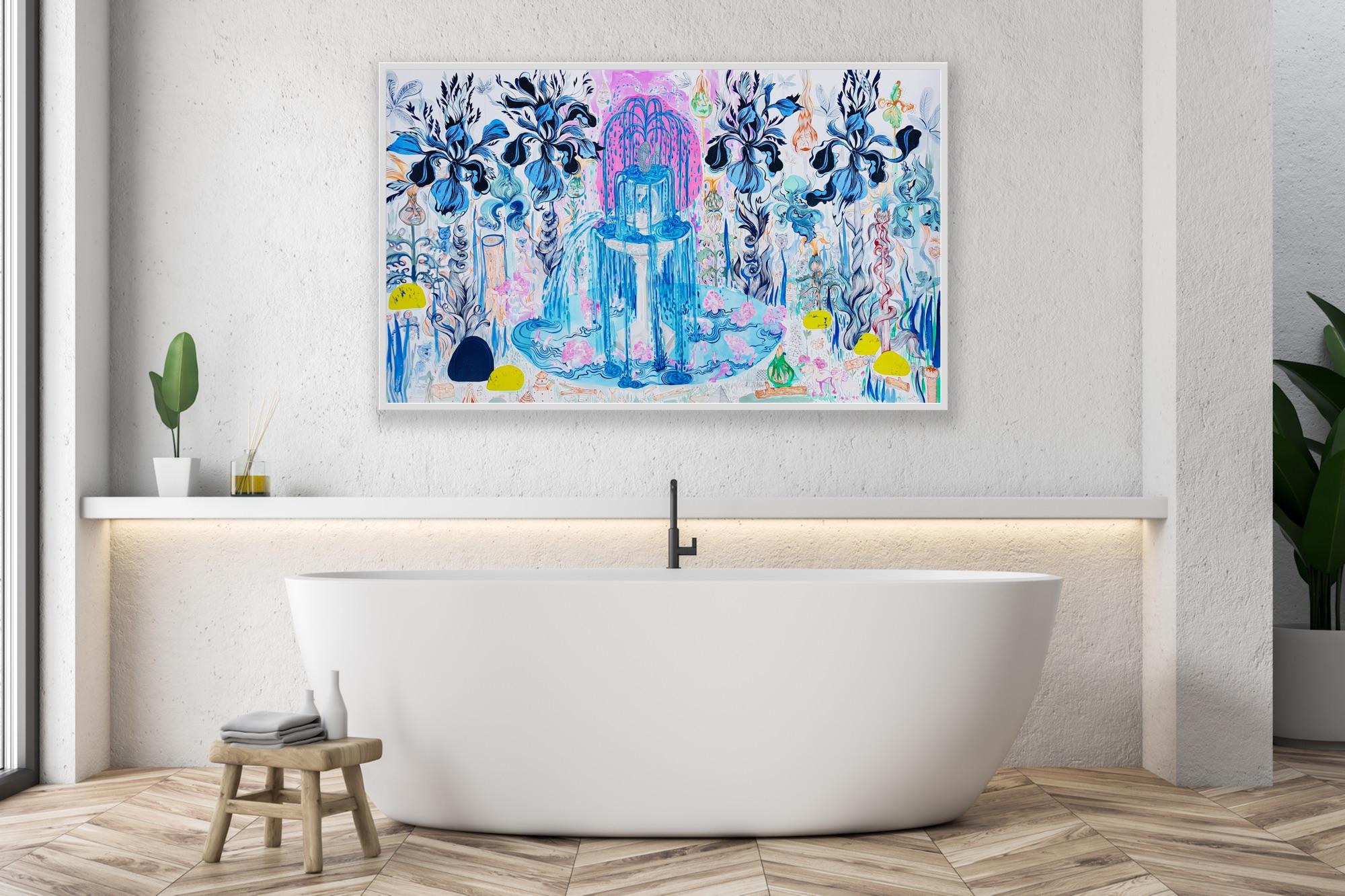 Surrealist Painting Royal College of Art LGBTQ+ artist Blue Fountain Pink Poodle For Sale 10