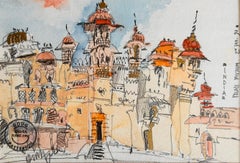 Aquarelle de l'architecte du RCA, Palace, lac d'Udaipur, voyage, bleus orange