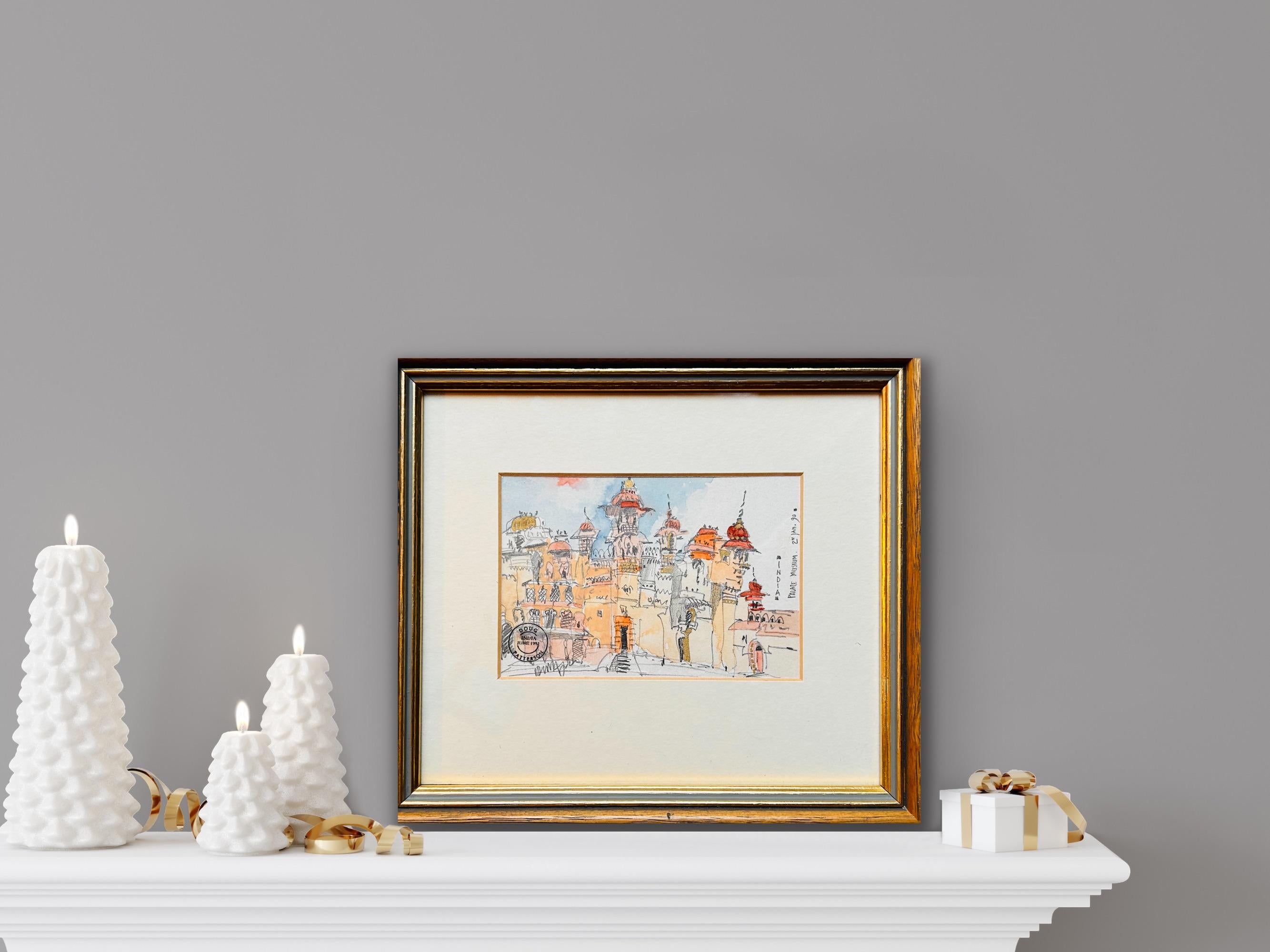 India Watercolour RCA Architect Painting Palace Udaipur Lake Travel Orange Blues For Sale 1