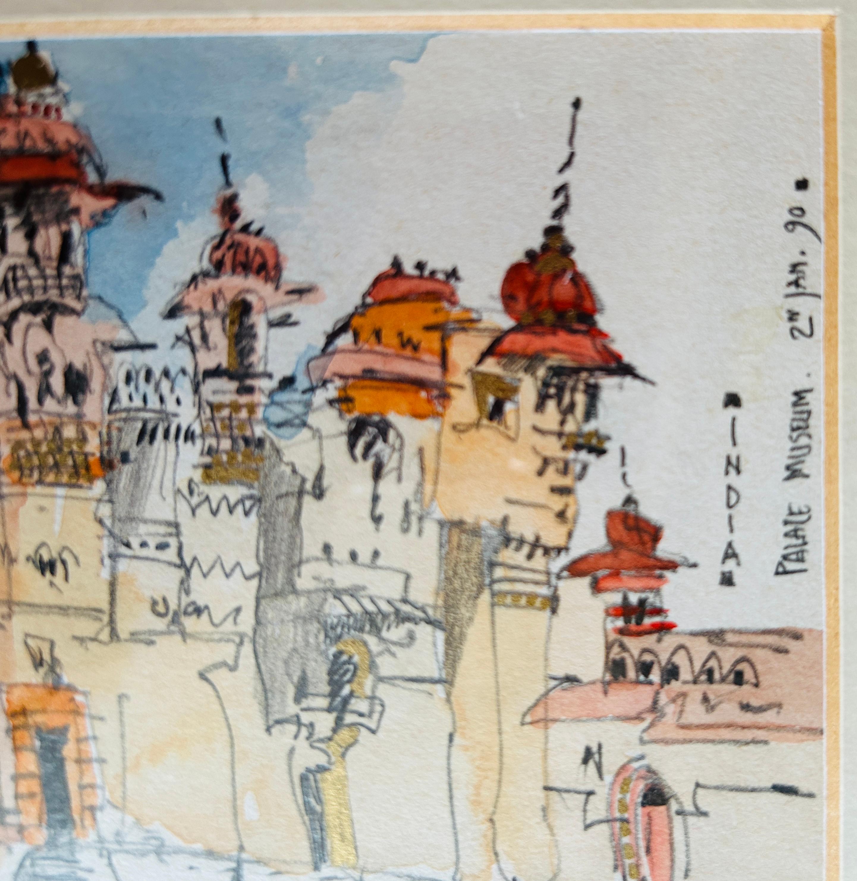 India Watercolour RCA Architect Painting Palace Udaipur Lake Travel Orange Blues - Contemporary Art by Doug Patterson