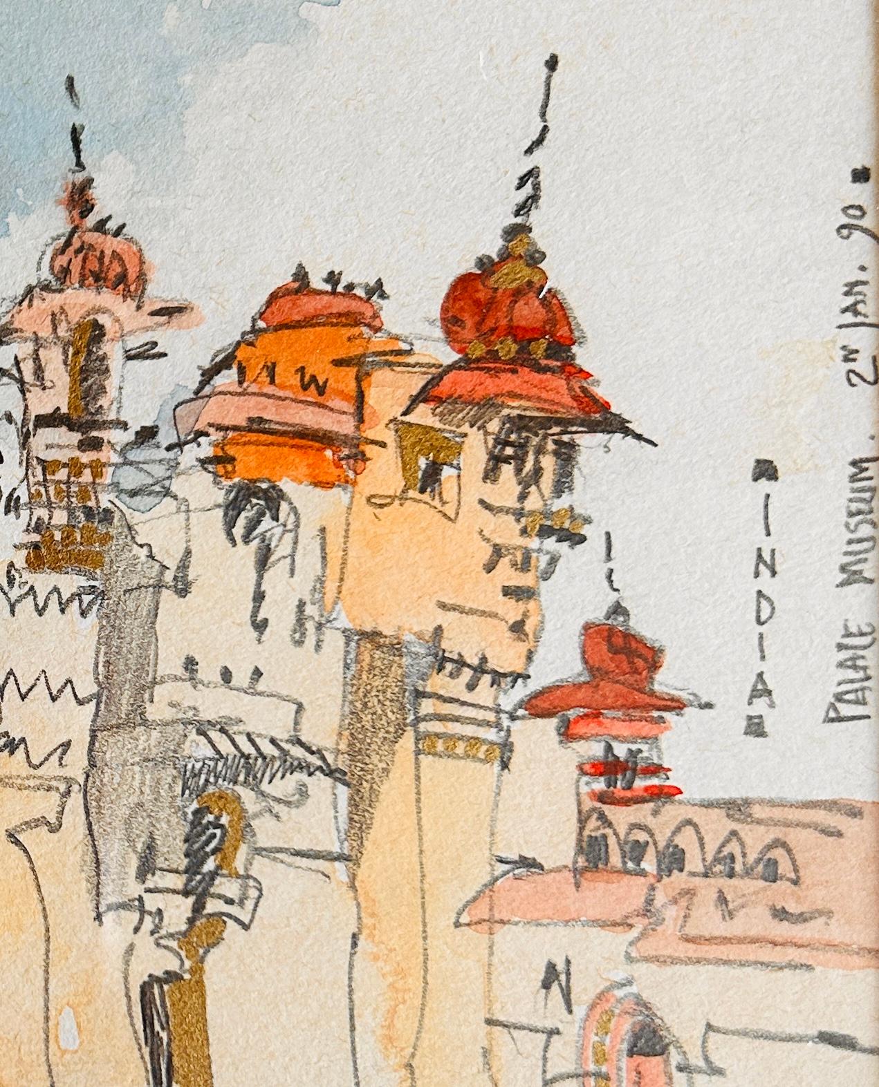 India Watercolour RCA Architect Painting Palace Udaipur Lake Travel Orange Blues - Art by Doug Patterson