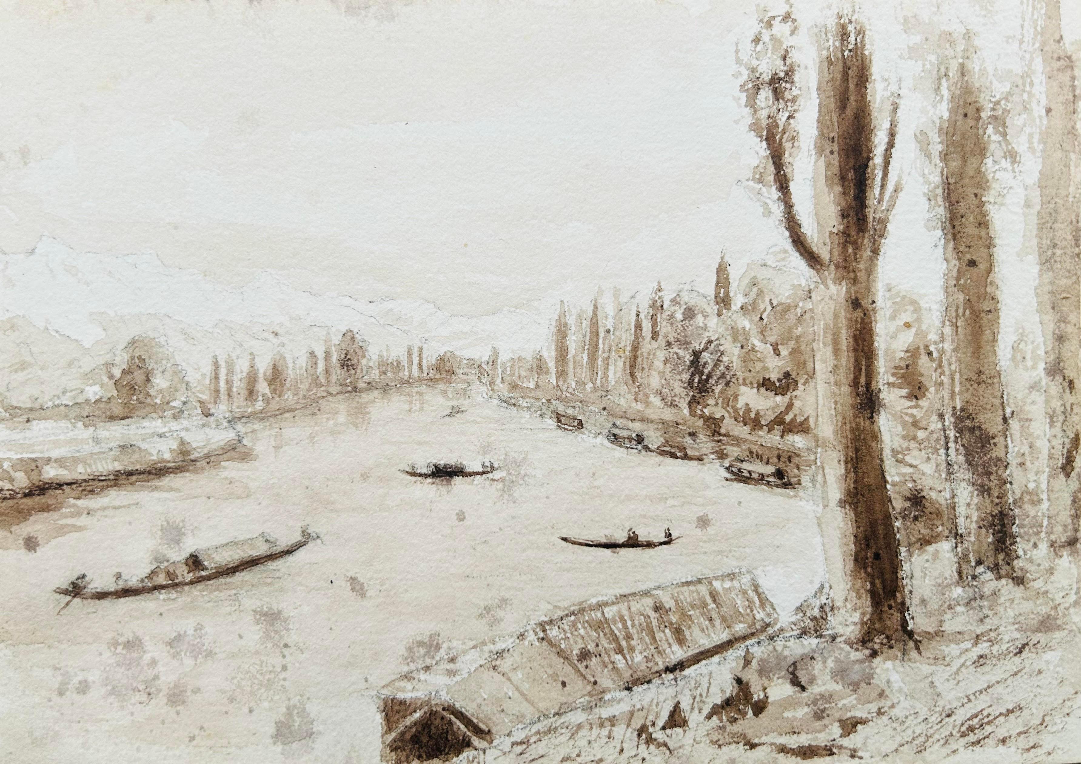 Unknown Landscape Art – India 3 X 19. Jahrhundert Kaschmir NW Frontier Field Sketches Manasbal Lake, Kashmir