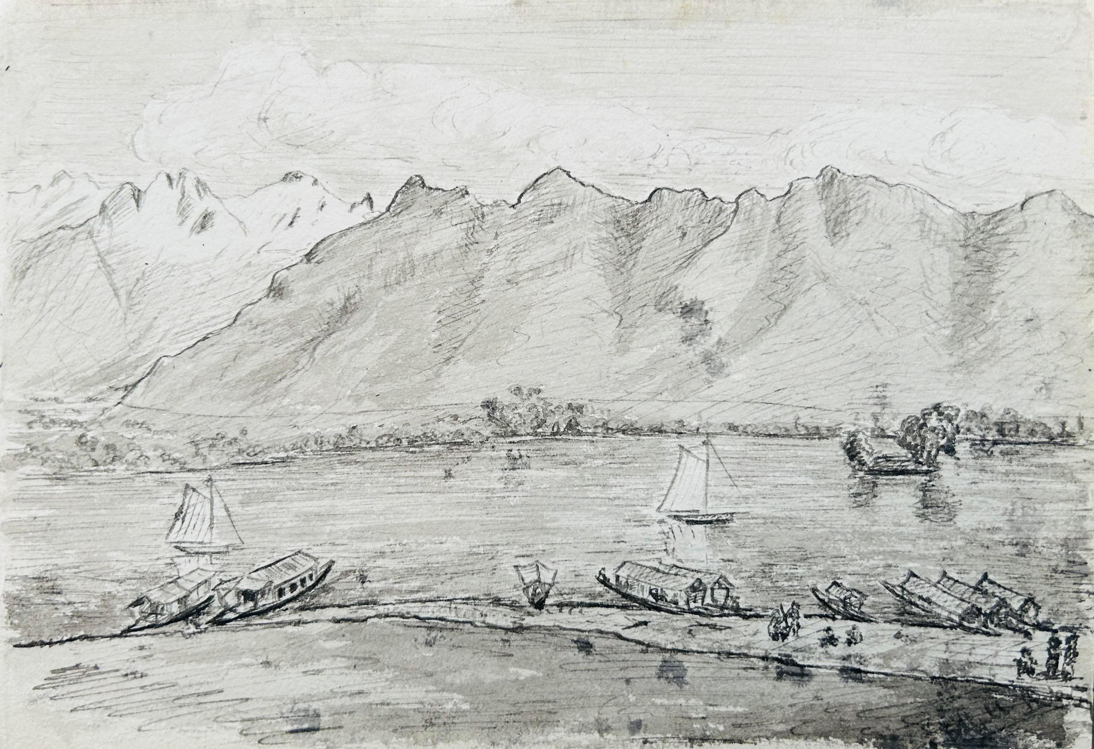 India 3 X 19th century Kashmir NW Frontier Field Sketches Manasbal Lake, Kashmir - Other Art Style Art by Unknown