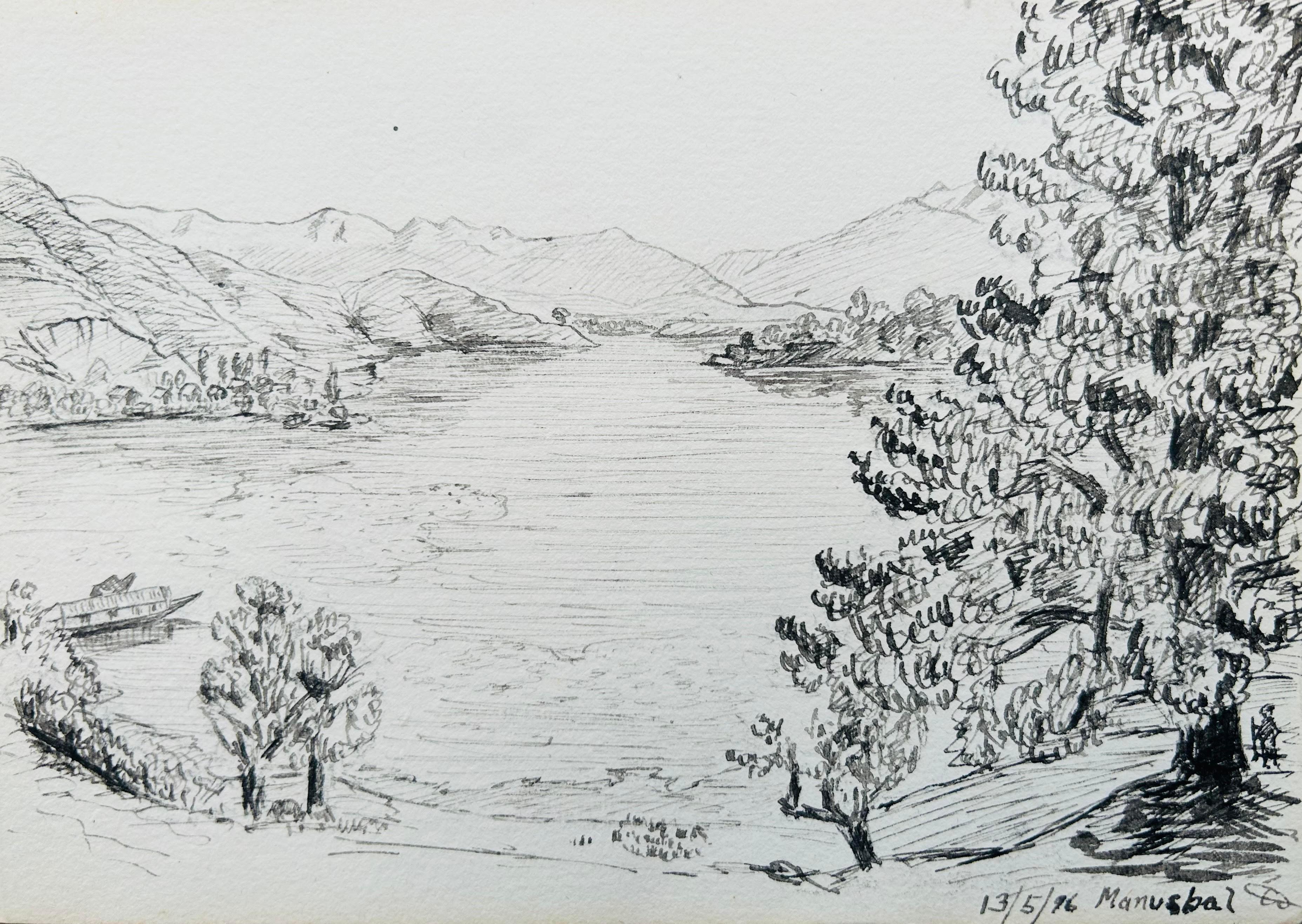 India 3 X 19th century Kashmir NW Frontier Field Sketches Manasbal Lake, Kashmir For Sale 1