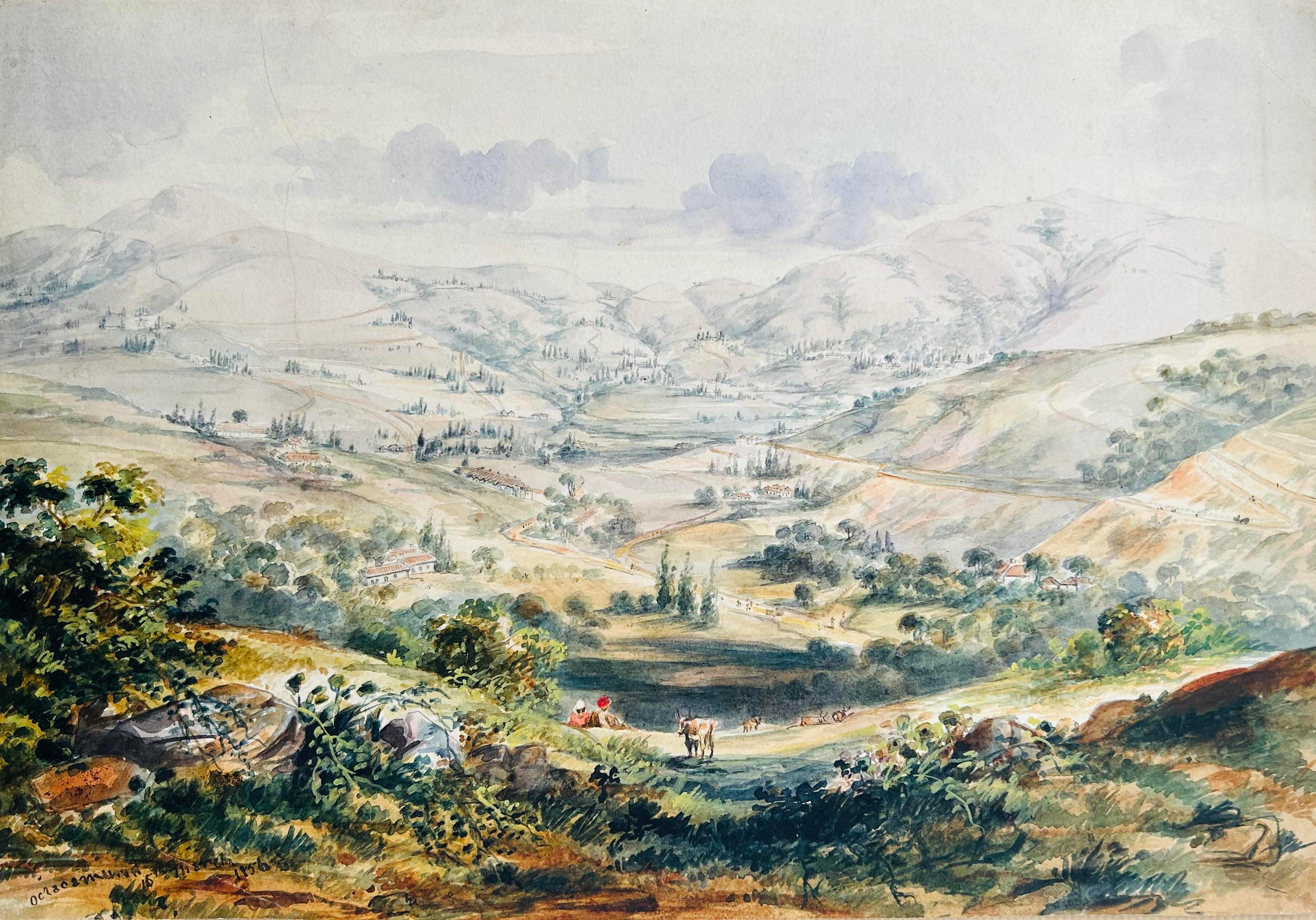 Aquarell-Landschaft Indien, 19. Jahrhundert Ootacamund, datiert 1856, signiert mit Bleistift – Art von Unknown