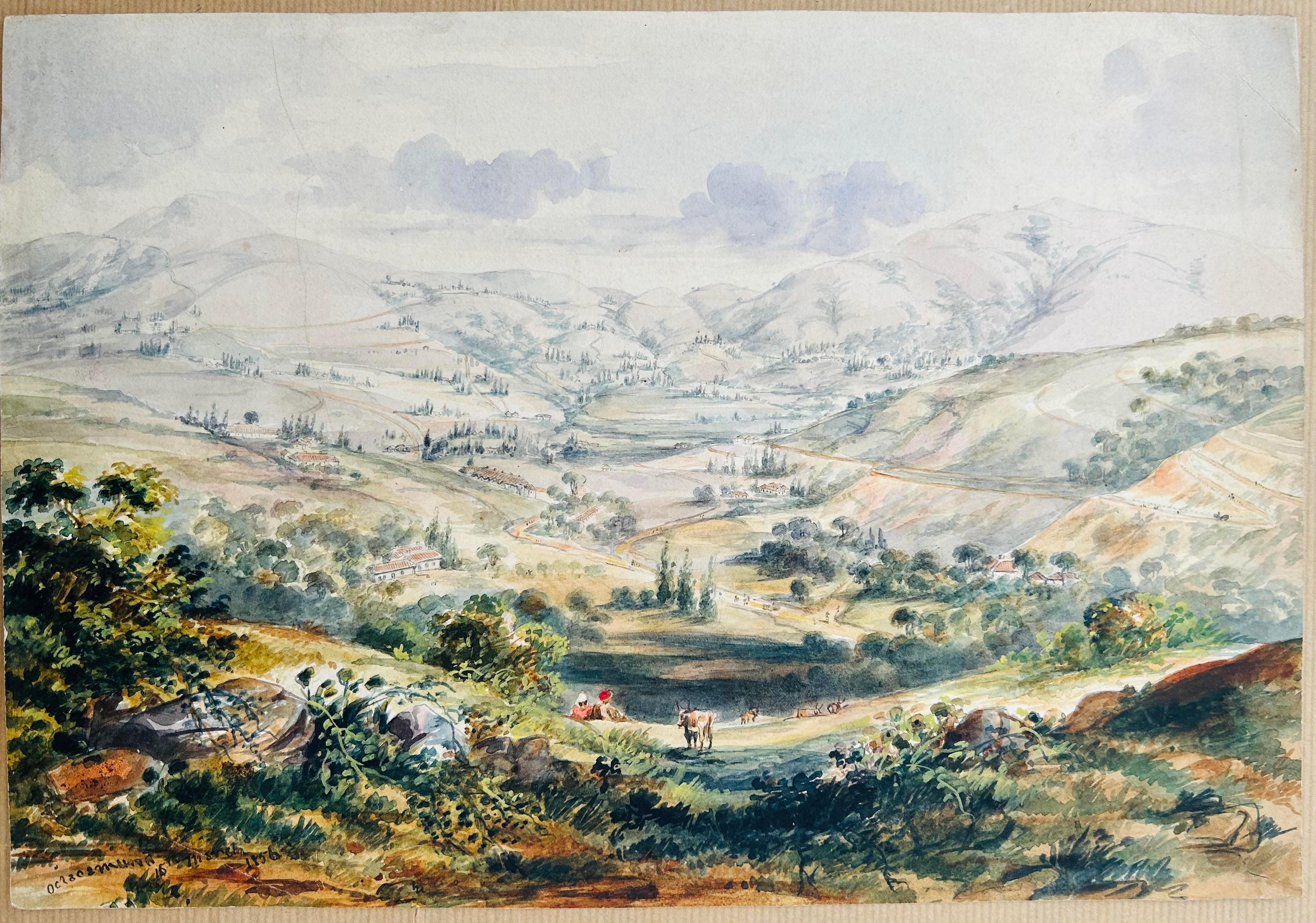 
Artist: Unknown
Medium: Watercolour on Paper
Created: 1856
Size: 22.2 x 32.5 cm 
Signed bottom left in pencil Ootacamund 10th March 1856

Written on back in pencil 'Ootacamund from above the Elk Hill, March/56'

This is an exquisitely executed