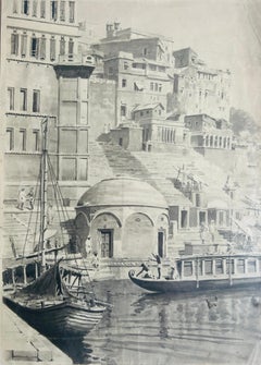 Inde 19e siècle Aquarelle Paysage Bénarès Artiste professionnel britannique