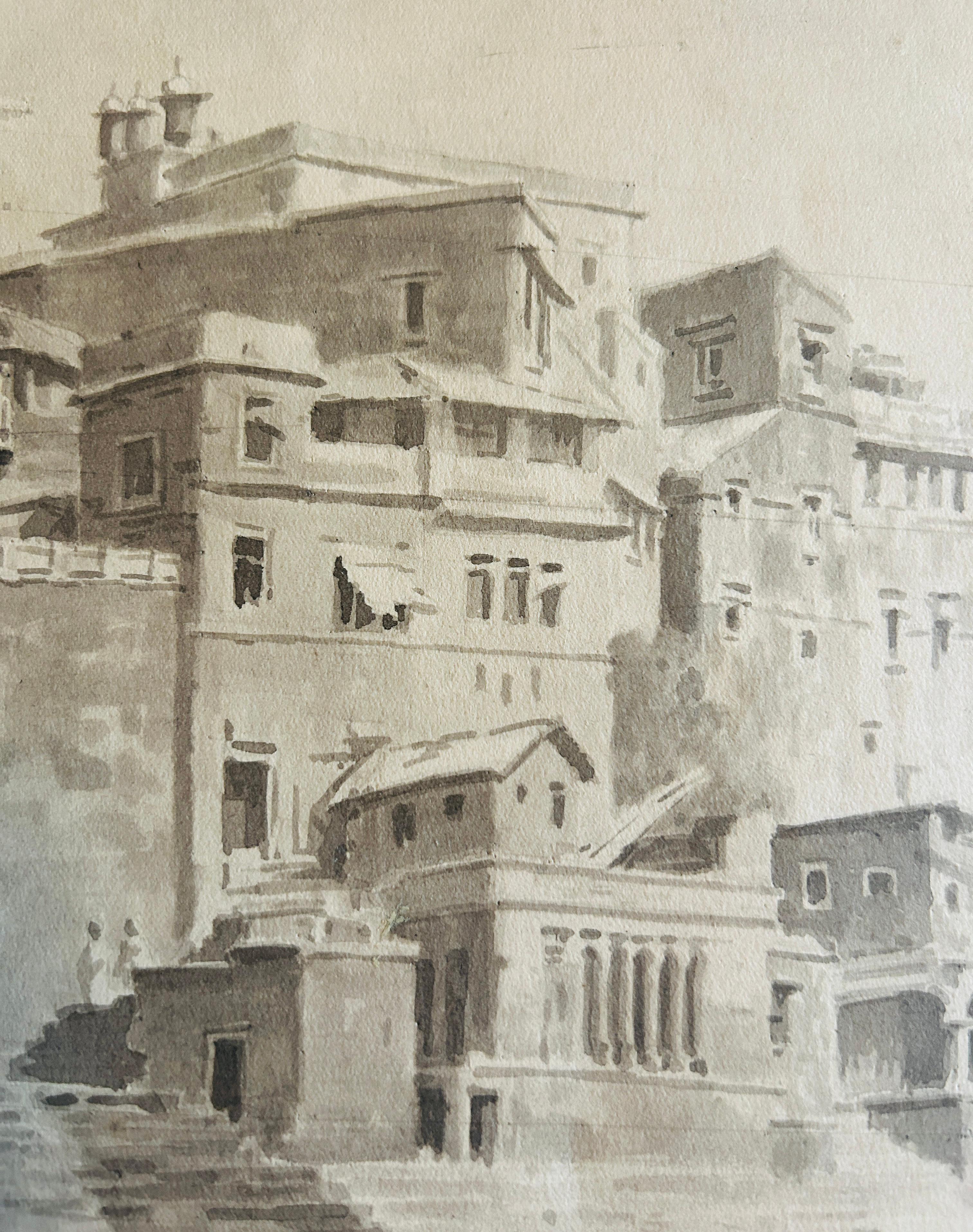 Indische Landschaft des 19. Jahrhunderts, Aquarell Benares, professioneller britischer Künstler (Sonstige Kunststile), Art, von Unknown