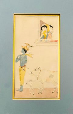 Indian Miniature watercolour on paper Mid 20th c fine detail playful Krishna