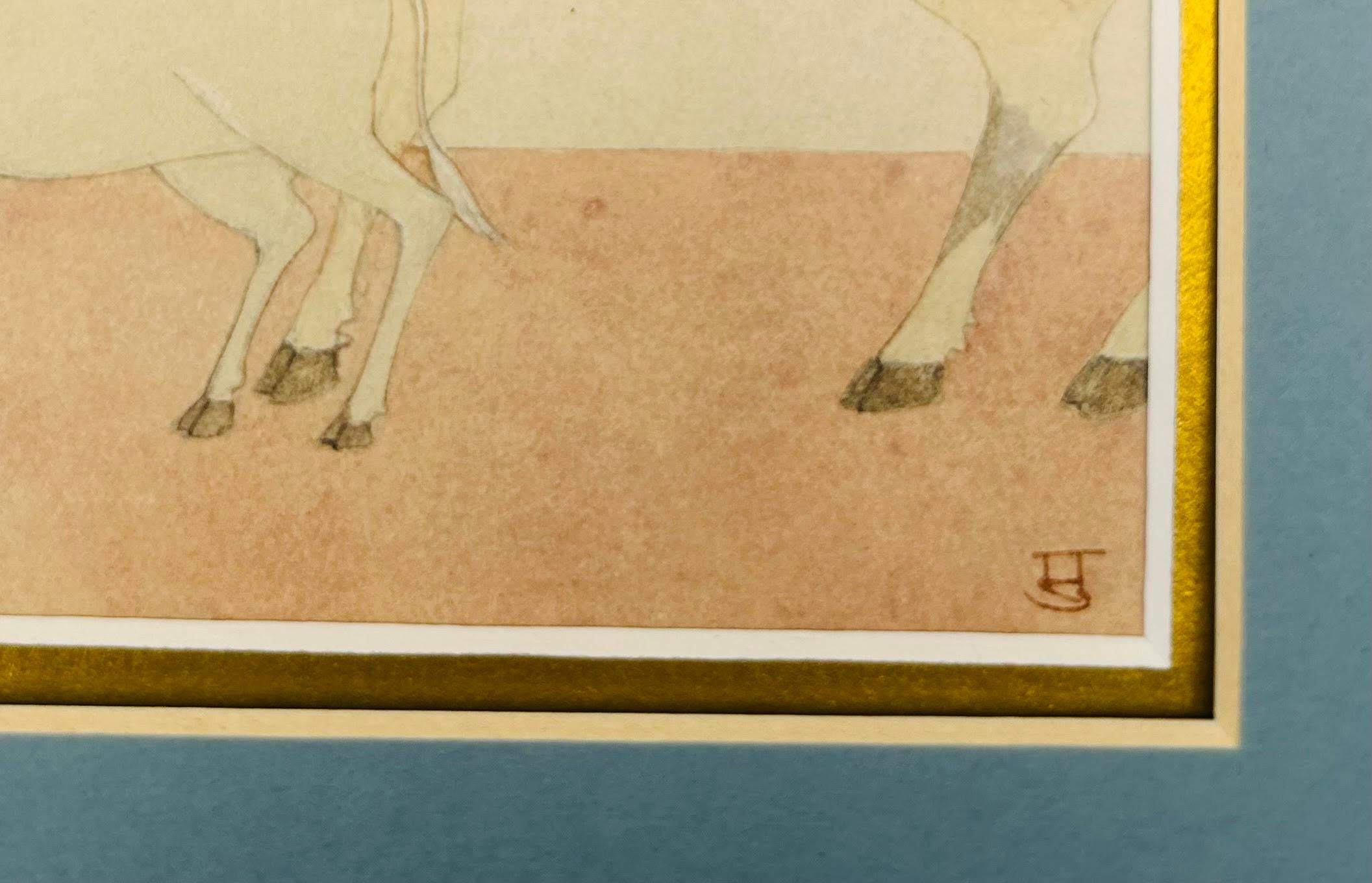 Indische Miniatur Aquarell auf Papier Mitte 20. Jh. feines Detail verspielter Krishna (Beige), Figurative Art, von Unknown