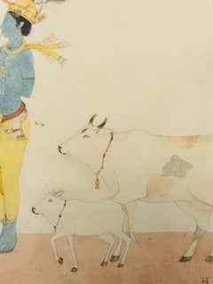 Miniatura india acuarela sobre papel Mediados del siglo XX detalle fino Krishna juguetón