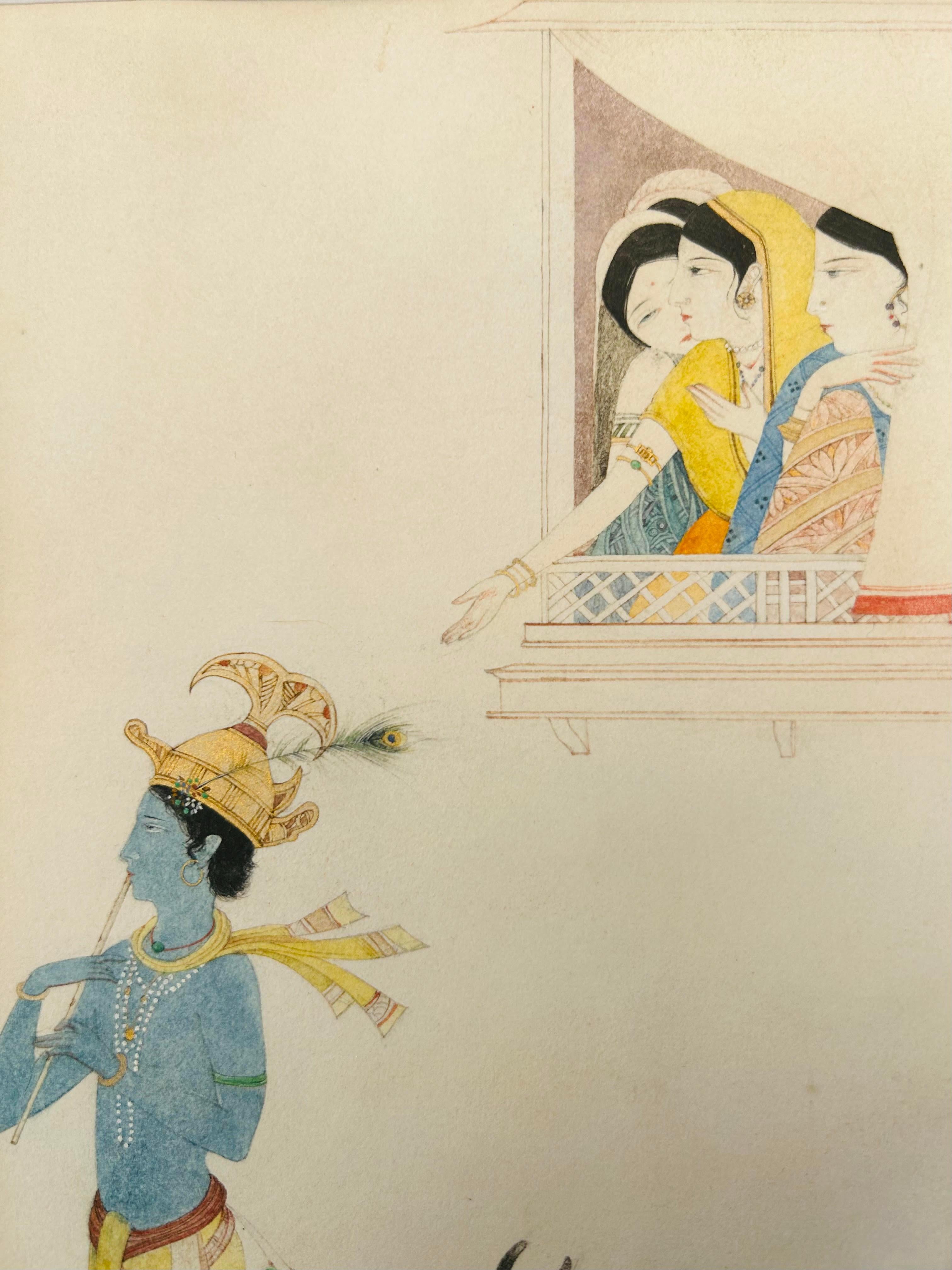 
Indische Miniatur mit Krishna, Kühen und den Gopis (Mädchen) 
Aquarell auf Papier, um die Mitte des 20.
Größe montiert: 33 x 22 cm
Bildgröße: 24,2 x 13,4 cm
Signiert unten rechts mit einem Buchstaben, der den Respekt vor der Materie zeigt

Dieses