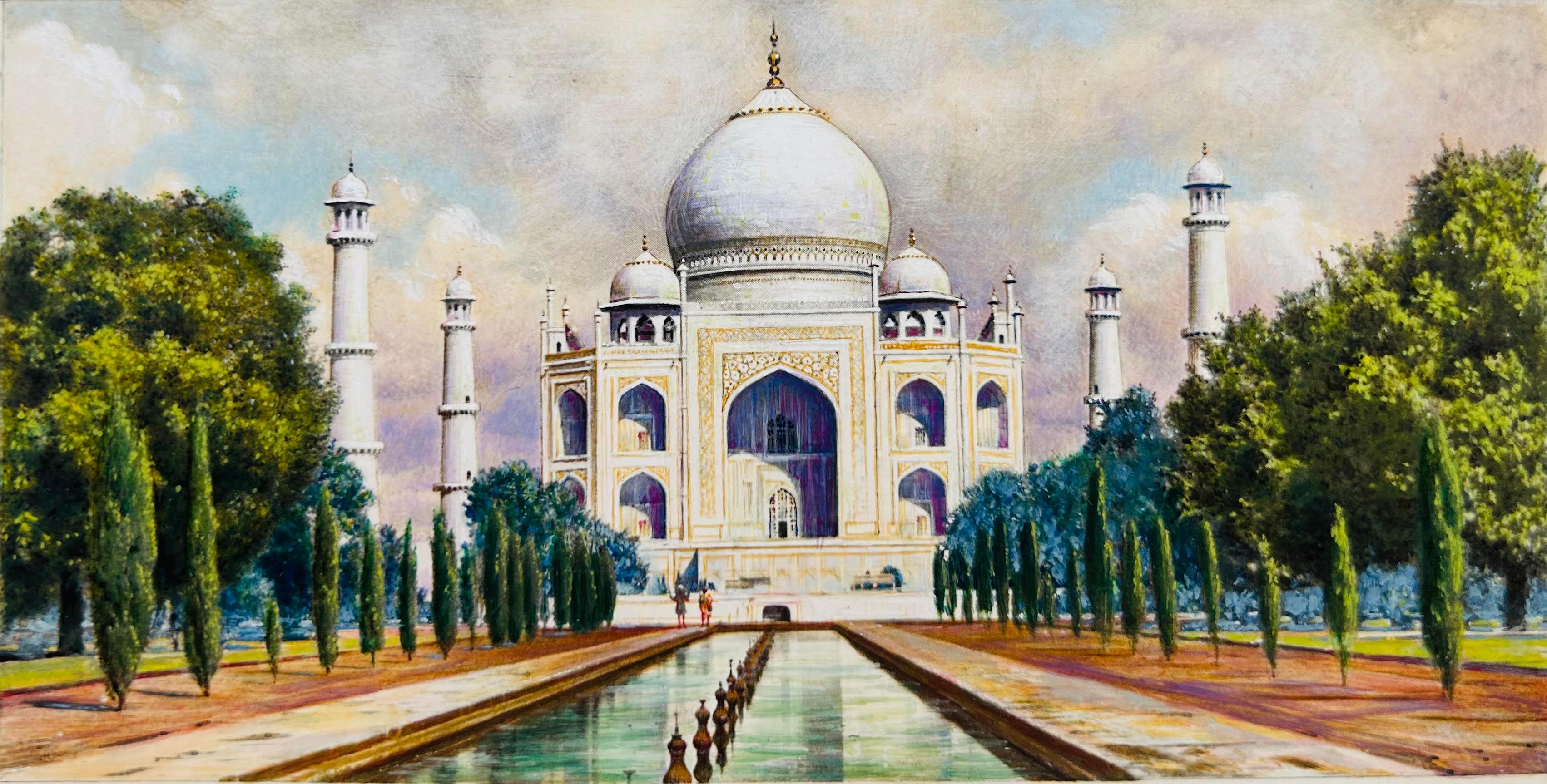 Unknown Landscape Art – Original-Aquarell „ Taj Mahal“ für die Zigarettenkarte eines Kirchenmannes, Taj Mahal, Indien, um 1910